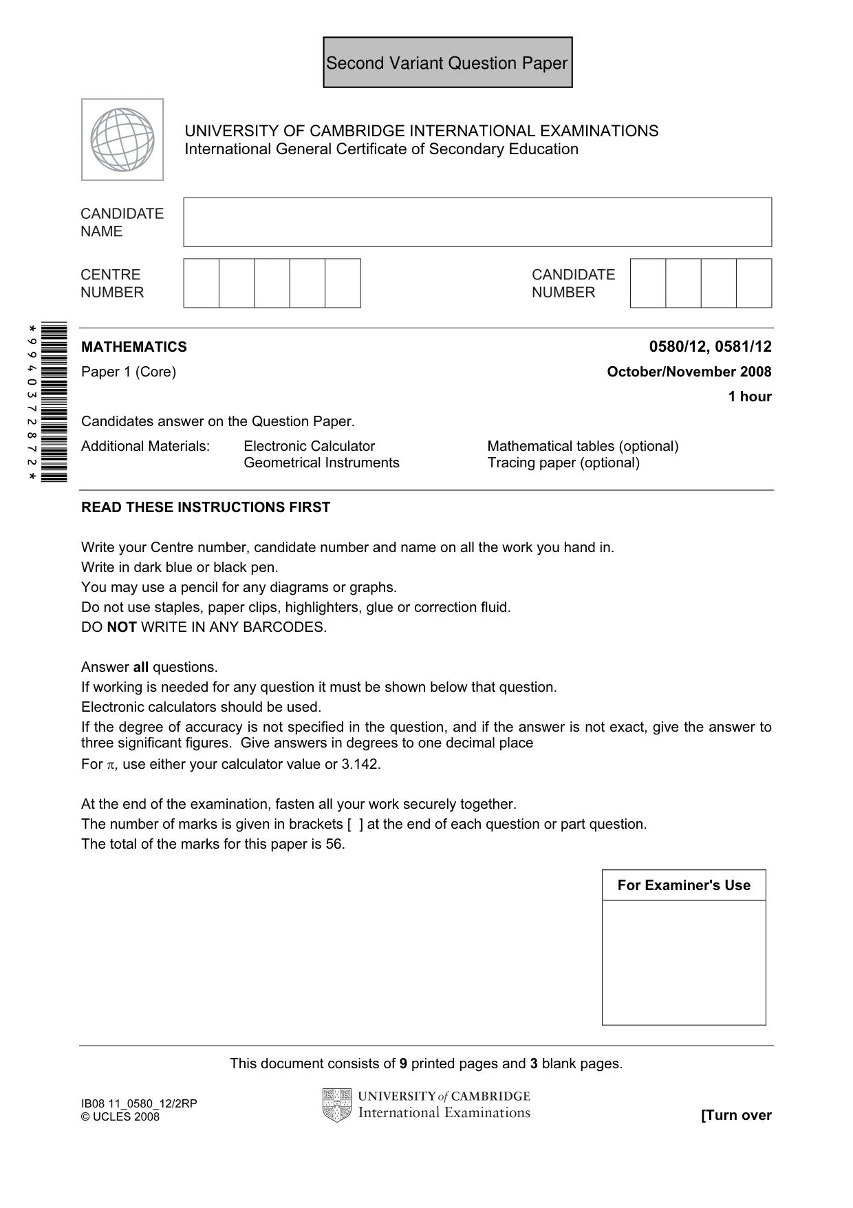 Cambridge IGCSE Mathematics 0580 2008 Oct/Nov Paper 1 · Variant 0 question paper, page 14 of 25