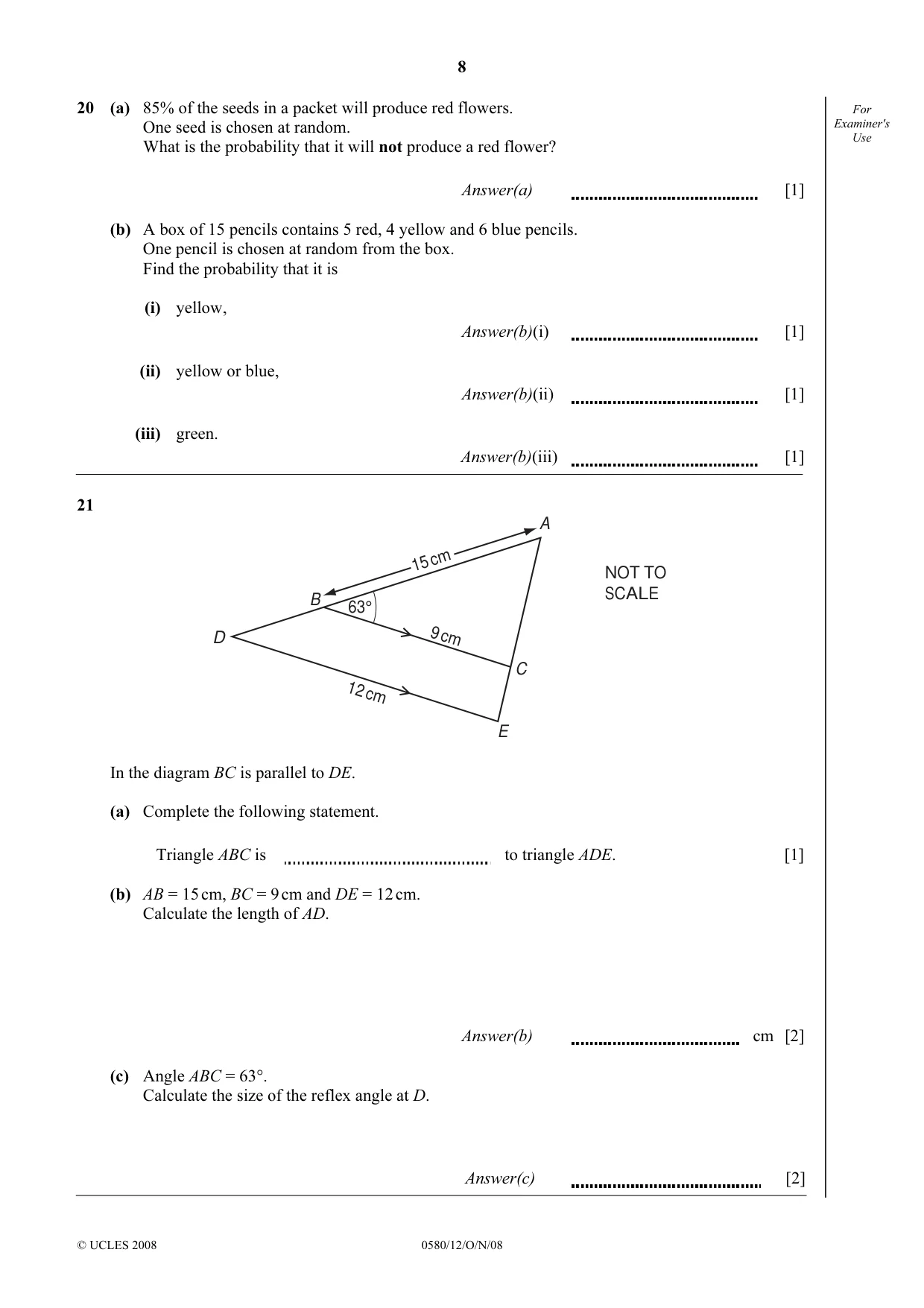 Cambridge IGCSE Mathematics 0580 2008 Oct/Nov Paper 1 · Variant 0 question paper, page 21 of 25