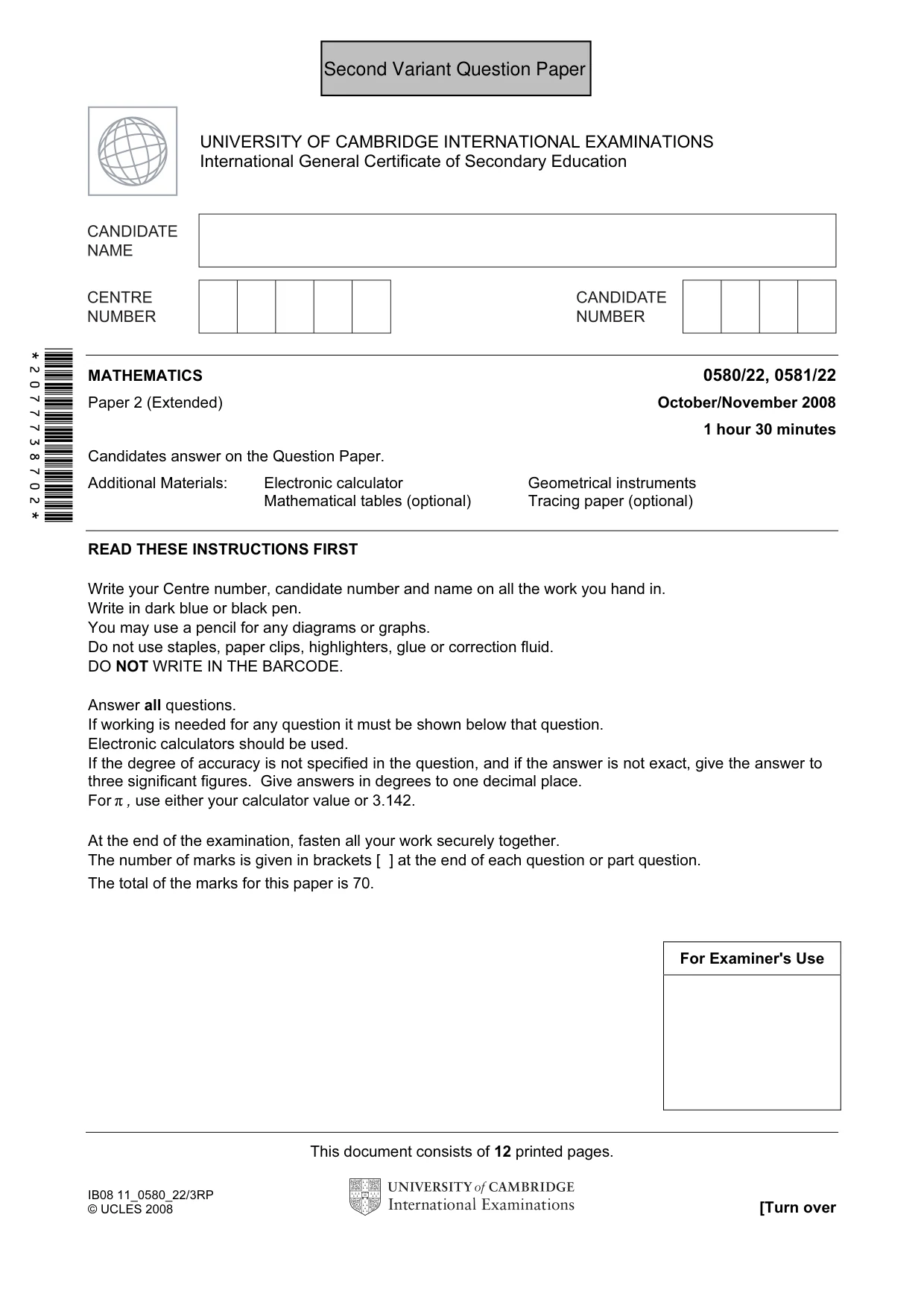 Cambridge IGCSE Mathematics 0580 2008 Oct/Nov Paper 2 · Variant 0 question paper, page 14 of 25