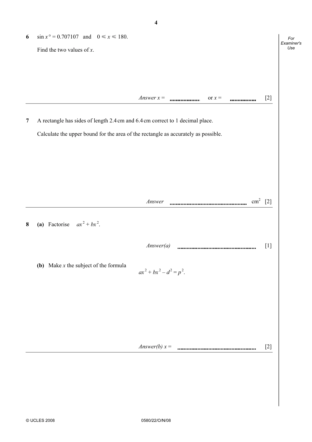 Cambridge IGCSE Mathematics 0580 2008 Oct/Nov Paper 2 · Variant 0 question paper, page 17 of 25