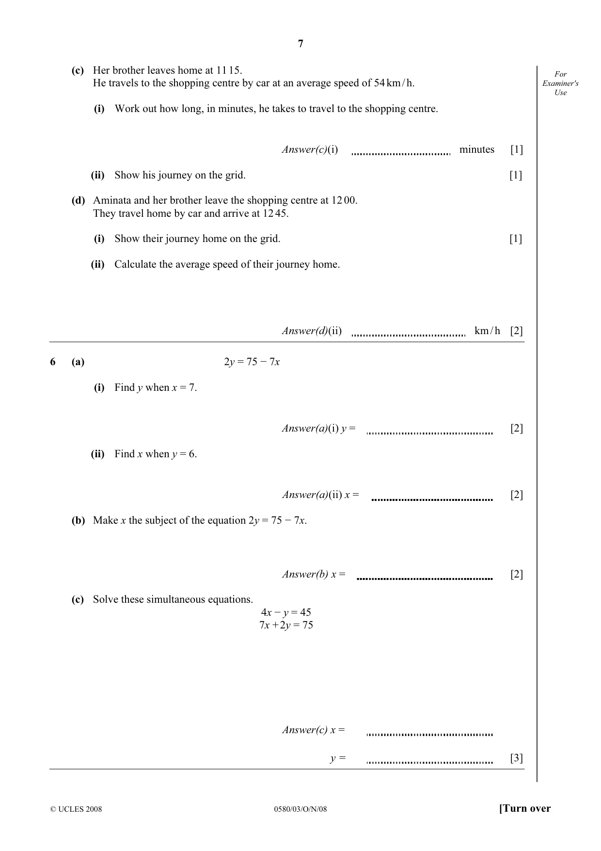 Cambridge IGCSE Mathematics 0580 2008 Oct/Nov Paper 3 · Variant 1 question paper, page 7 of 12