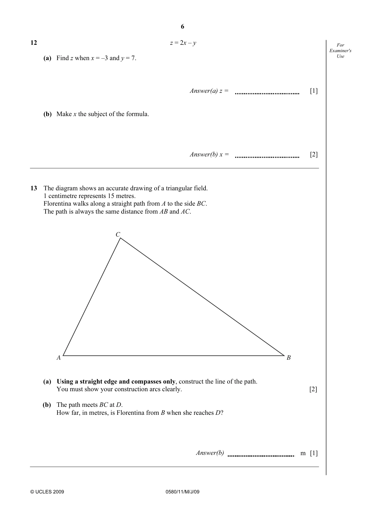 Cambridge IGCSE Mathematics 0580 2009 May/June Paper 1 · Variant 1 question paper, page 7 of 25