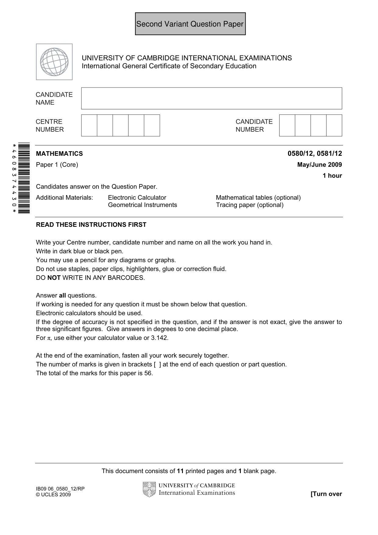 Cambridge IGCSE Mathematics 0580 2009 May/June Paper 1 · Variant 1 question paper, page 14 of 25
