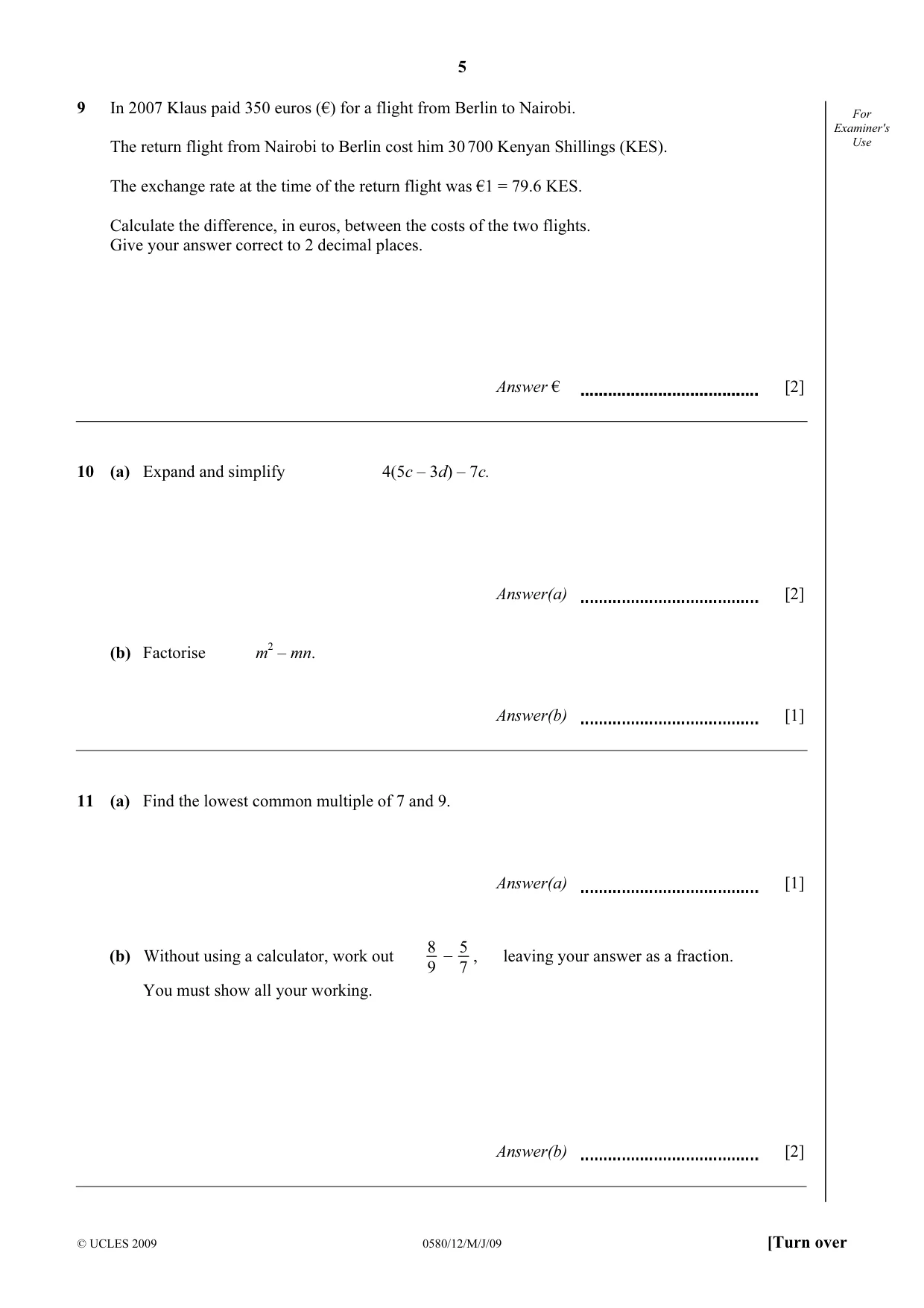 Cambridge IGCSE Mathematics 0580 2009 May/June Paper 1 · Variant 1 question paper, page 18 of 25