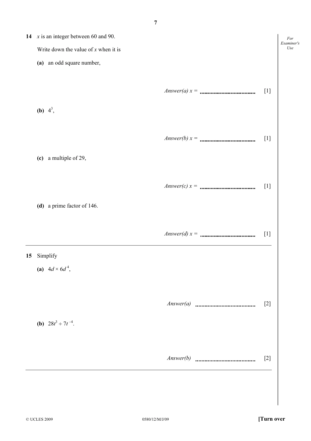 Cambridge IGCSE Mathematics 0580 2009 May/June Paper 1 · Variant 1 question paper, page 20 of 25