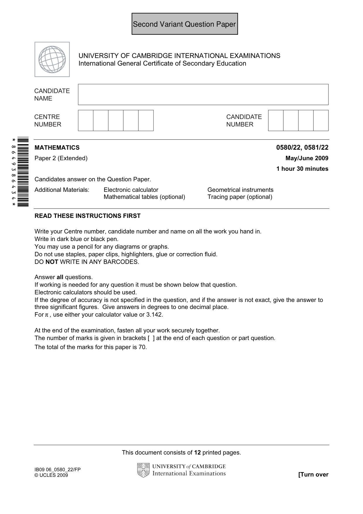 Cambridge IGCSE Mathematics 0580 2009 May/June Paper 2 · Variant 1 question paper, page 14 of 25