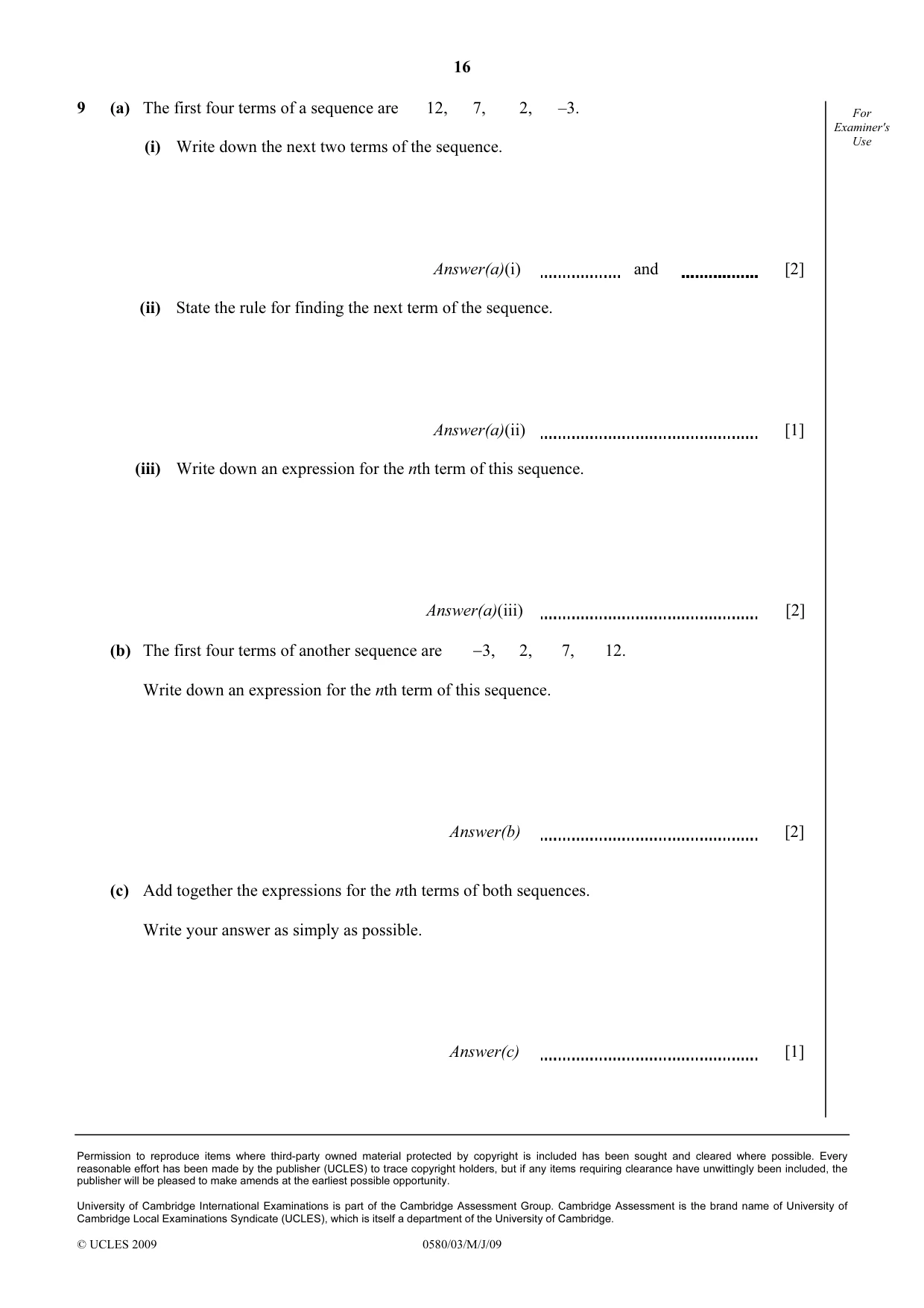 Cambridge IGCSE Mathematics 0580 2009 May/June Paper 3 · Variant 1 question paper, page 16 of 16