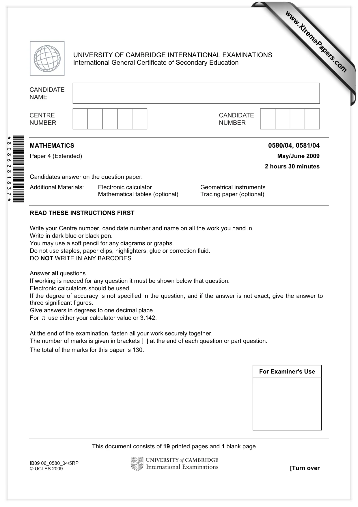 Cambridge IGCSE Mathematics 0580 2009 May/June Paper 4 · Variant 1 question paper, page 1 of 20