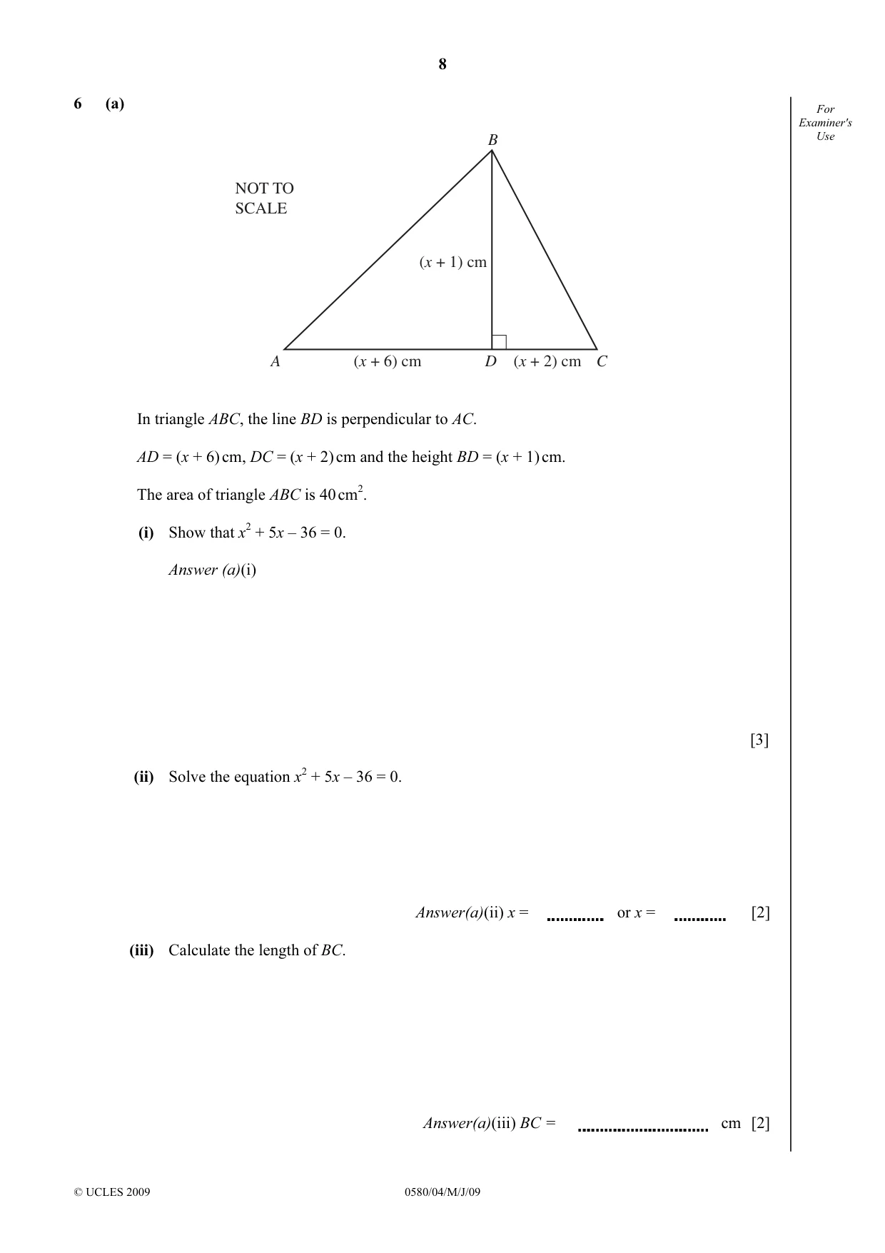 Cambridge IGCSE Mathematics 0580 2009 May/June Paper 4 · Variant 1 question paper, page 8 of 20