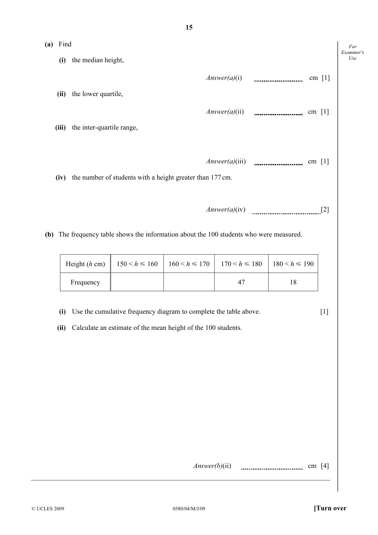 Cambridge IGCSE Mathematics 0580 2009 May/June Paper 4 · Variant 1 question paper, page 15 of 20