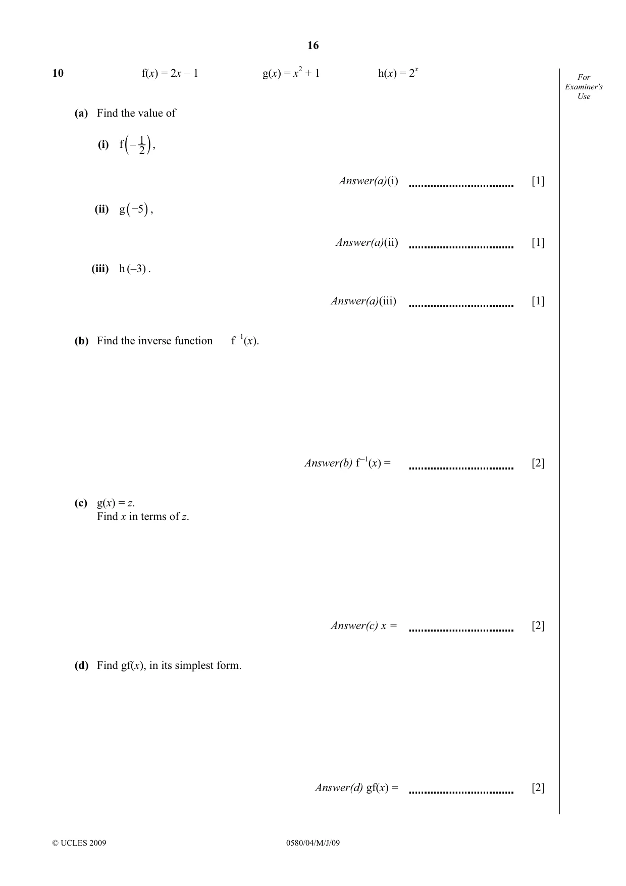 Cambridge IGCSE Mathematics 0580 2009 May/June Paper 4 · Variant 1 question paper, page 16 of 20