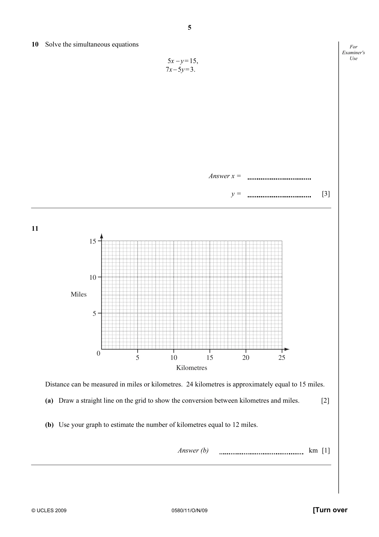 Cambridge IGCSE Mathematics 0580 2009 Oct/Nov Paper 1 · Variant 1 question paper, page 5 of 12