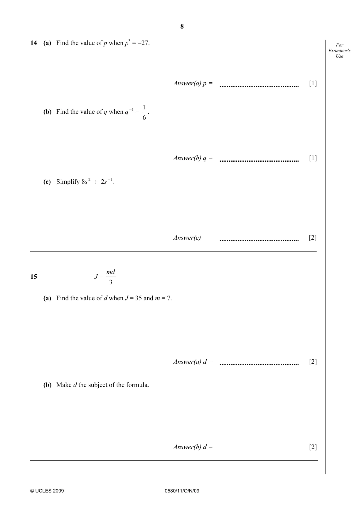 Cambridge IGCSE Mathematics 0580 2009 Oct/Nov Paper 1 · Variant 1 question paper, page 8 of 12
