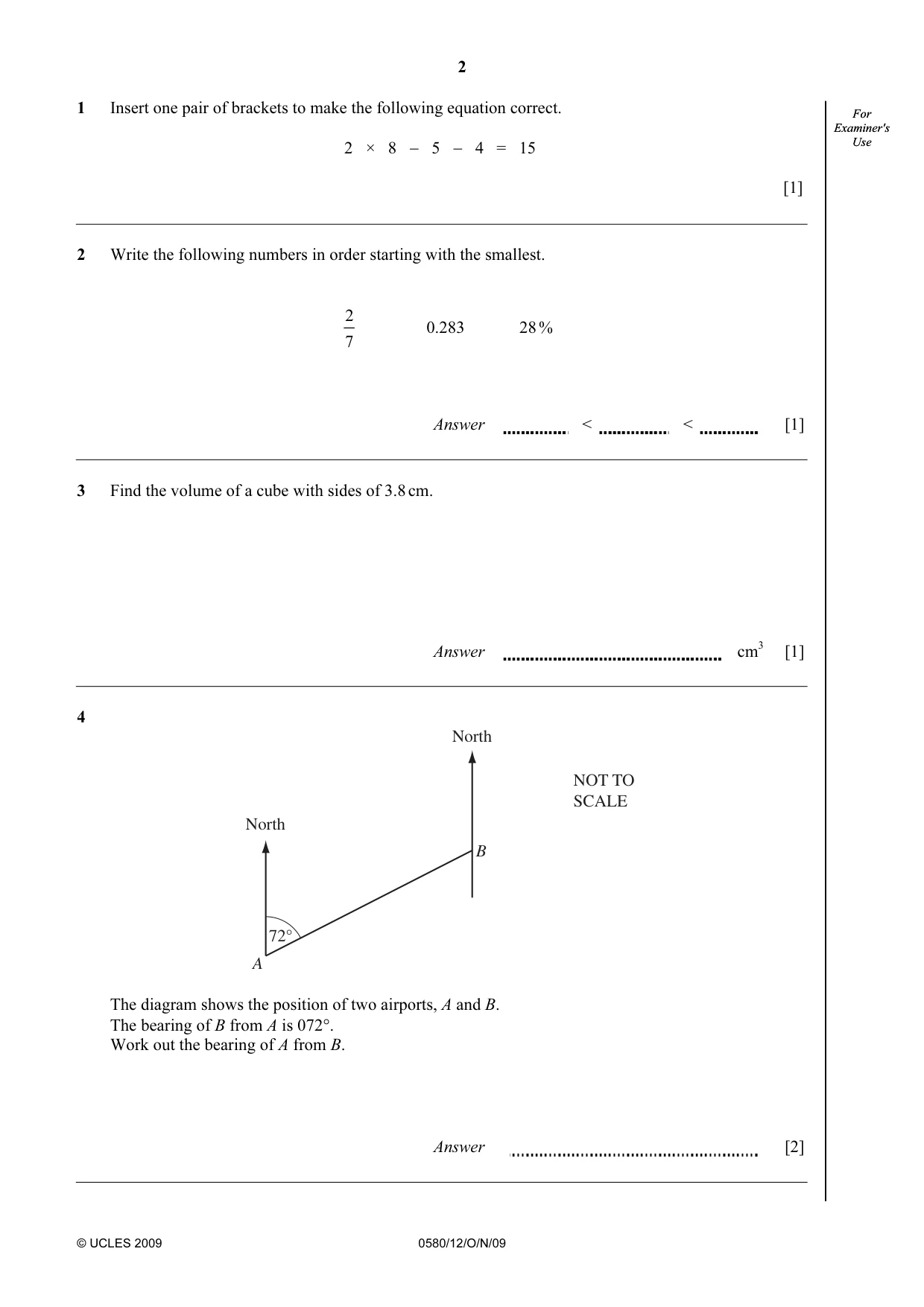Cambridge IGCSE Mathematics 0580 2009 Oct/Nov Paper 1 · Variant 2 question paper, page 2 of 12