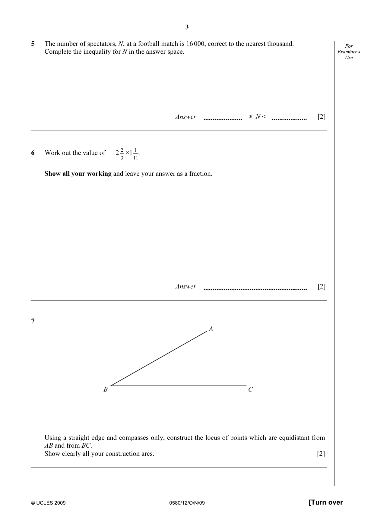 Cambridge IGCSE Mathematics 0580 2009 Oct/Nov Paper 1 · Variant 2 question paper, page 3 of 12