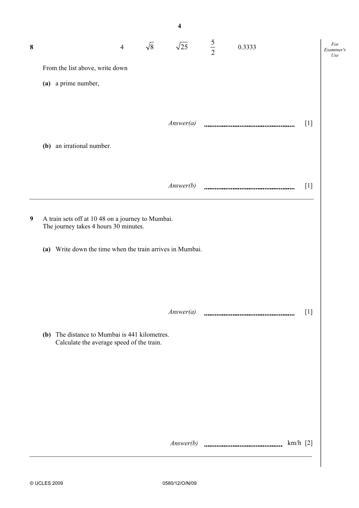 Cambridge IGCSE Mathematics 0580 2009 Oct/Nov Paper 1 · Variant 2 question paper, page 4 of 12