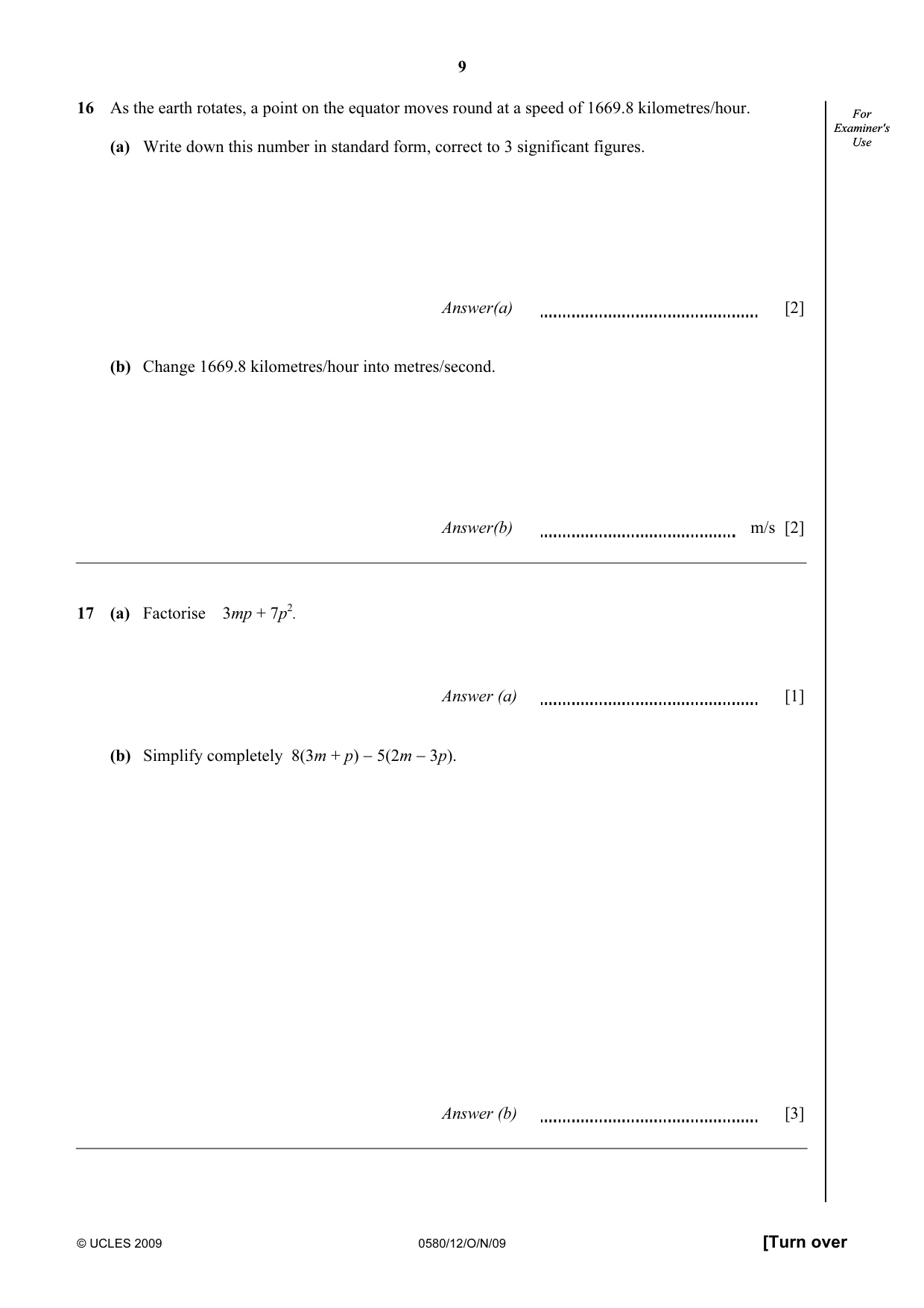 Cambridge IGCSE Mathematics 0580 2009 Oct/Nov Paper 1 · Variant 2 question paper, page 9 of 12