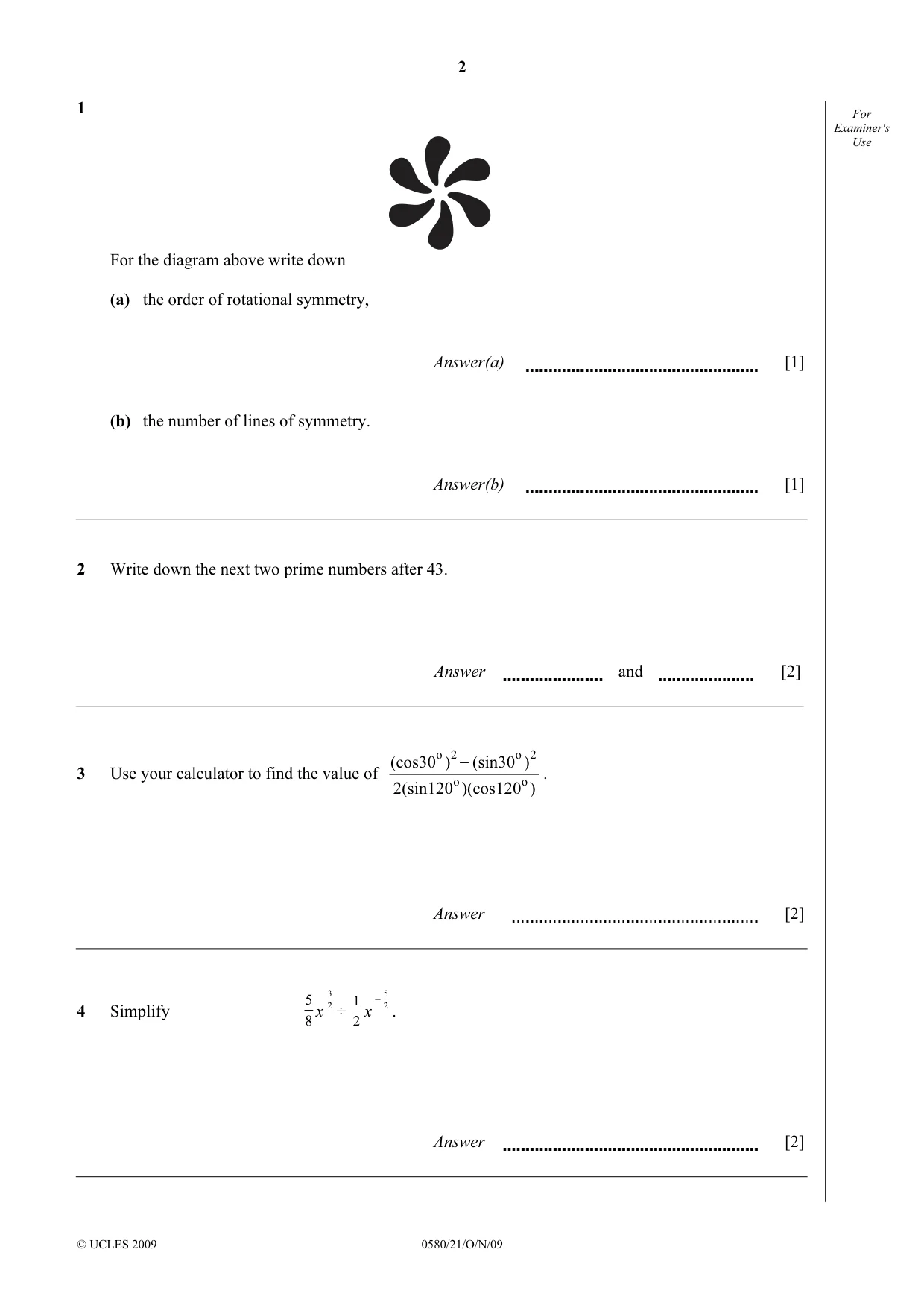 Cambridge IGCSE Mathematics 0580 2009 Oct/Nov Paper 2 · Variant 1 question paper, page 2 of 12