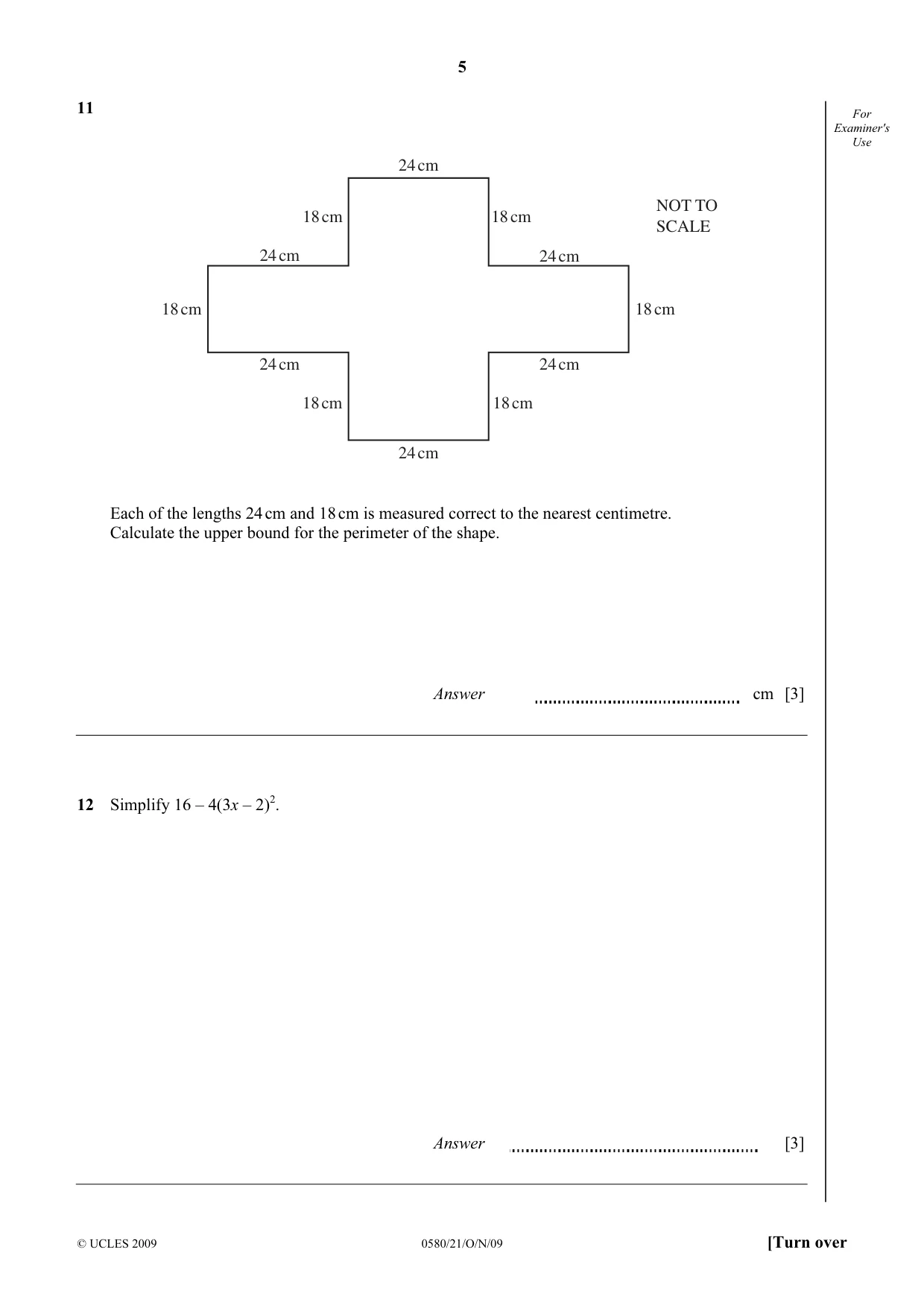 Cambridge IGCSE Mathematics 0580 2009 Oct/Nov Paper 2 · Variant 1 question paper, page 5 of 12
