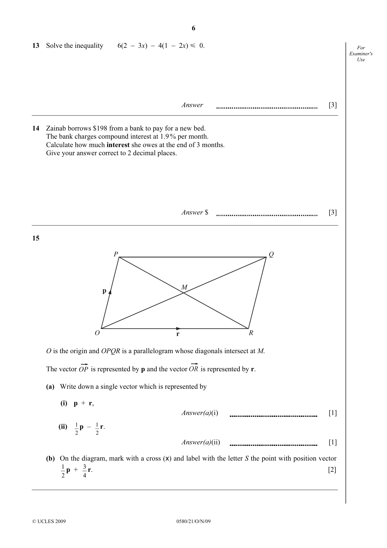 Cambridge IGCSE Mathematics 0580 2009 Oct/Nov Paper 2 · Variant 1 question paper, page 6 of 12