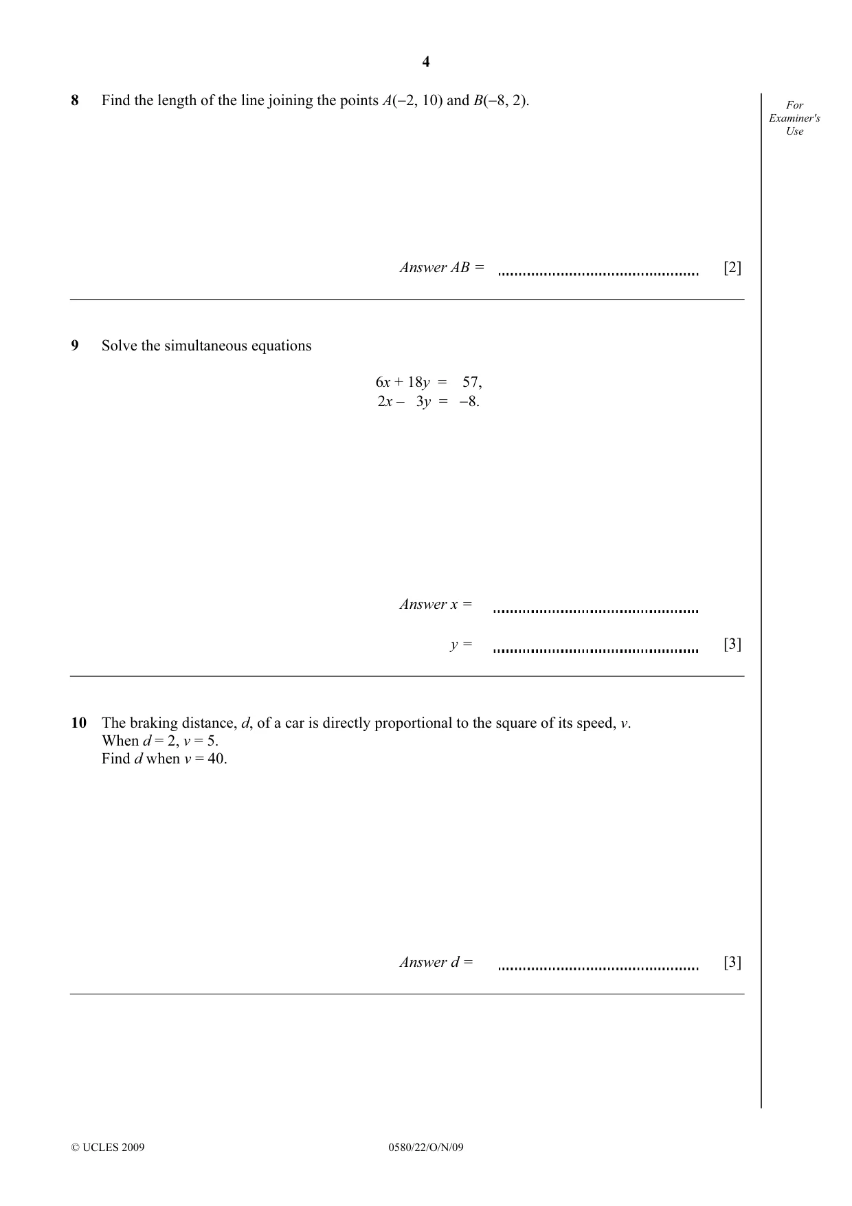 Cambridge IGCSE Mathematics 0580 2009 Oct/Nov Paper 2 · Variant 2 question paper, page 4 of 12