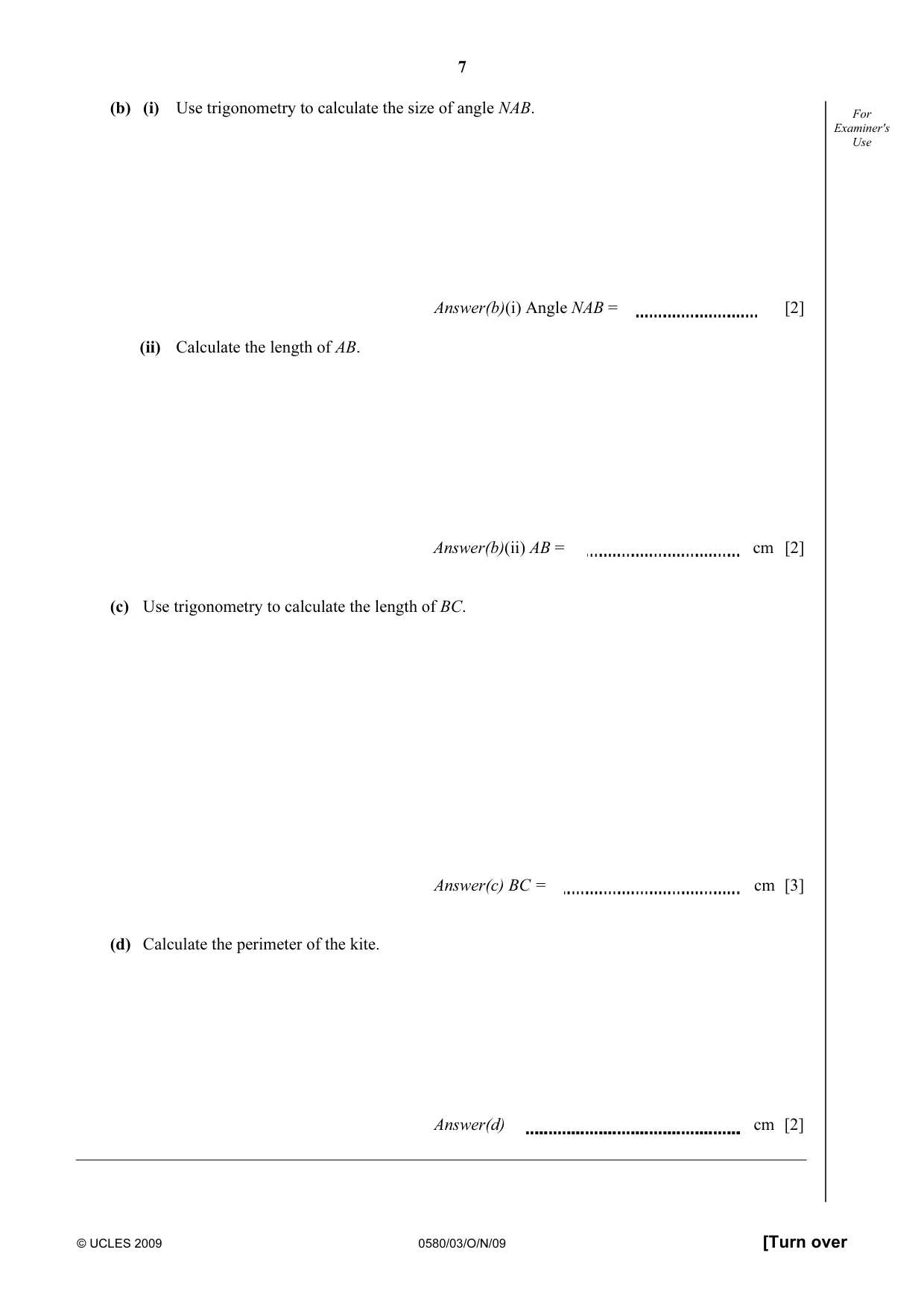 Cambridge IGCSE Mathematics 0580 2009 Oct/Nov Paper 3 · Variant 1 question paper, page 7 of 12