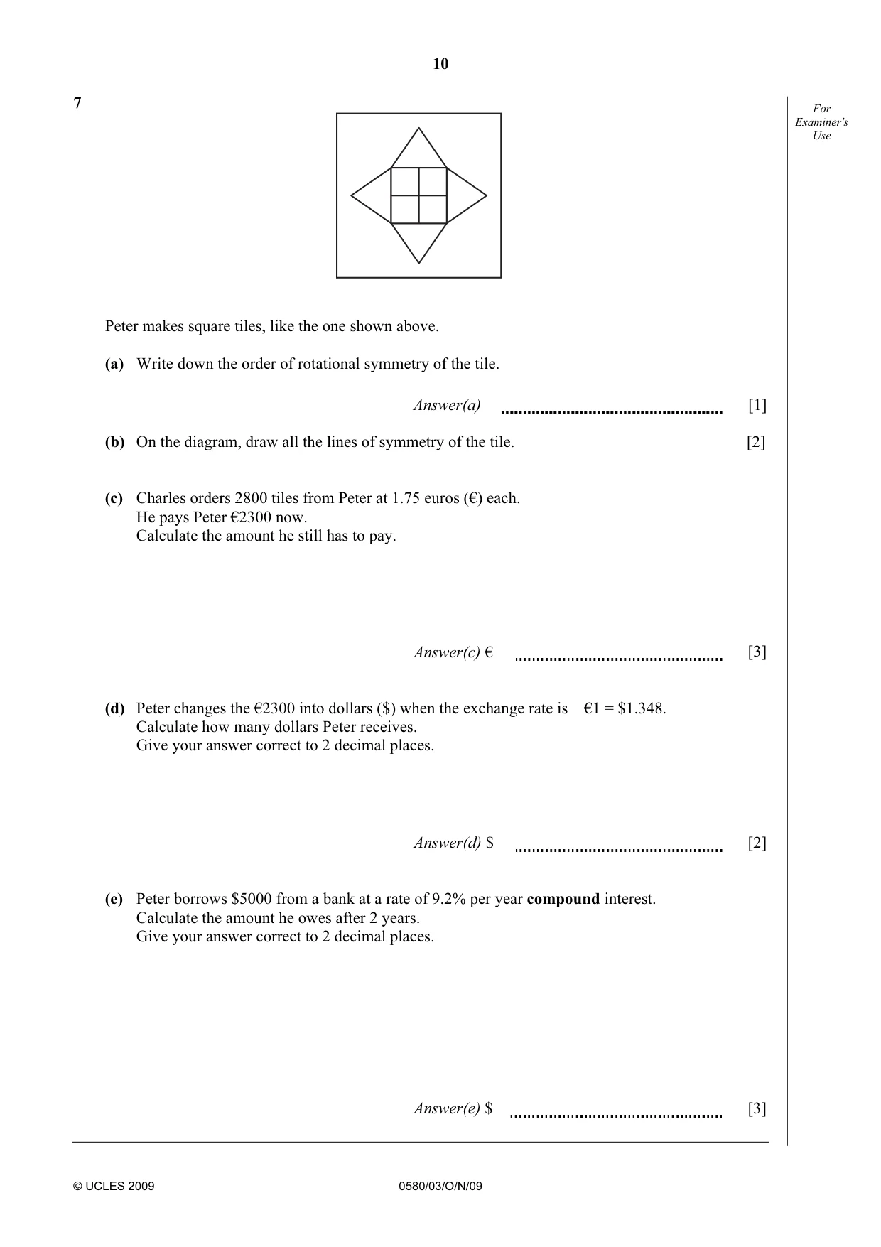 Cambridge IGCSE Mathematics 0580 2009 Oct/Nov Paper 3 · Variant 1 question paper, page 10 of 12