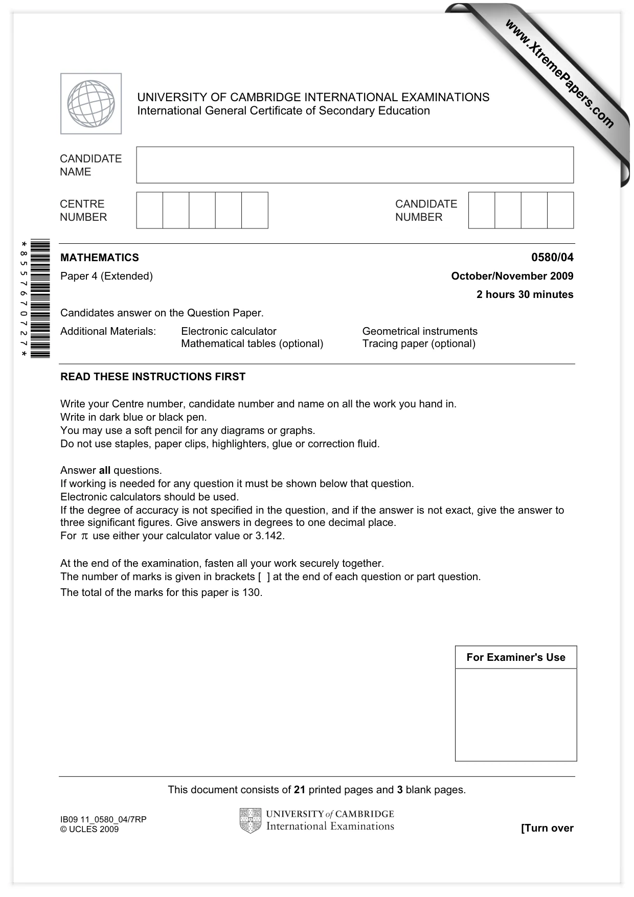 Cambridge IGCSE Mathematics 0580 2009 Oct/Nov Paper 4 · Variant 1 question paper, page 1 of 24