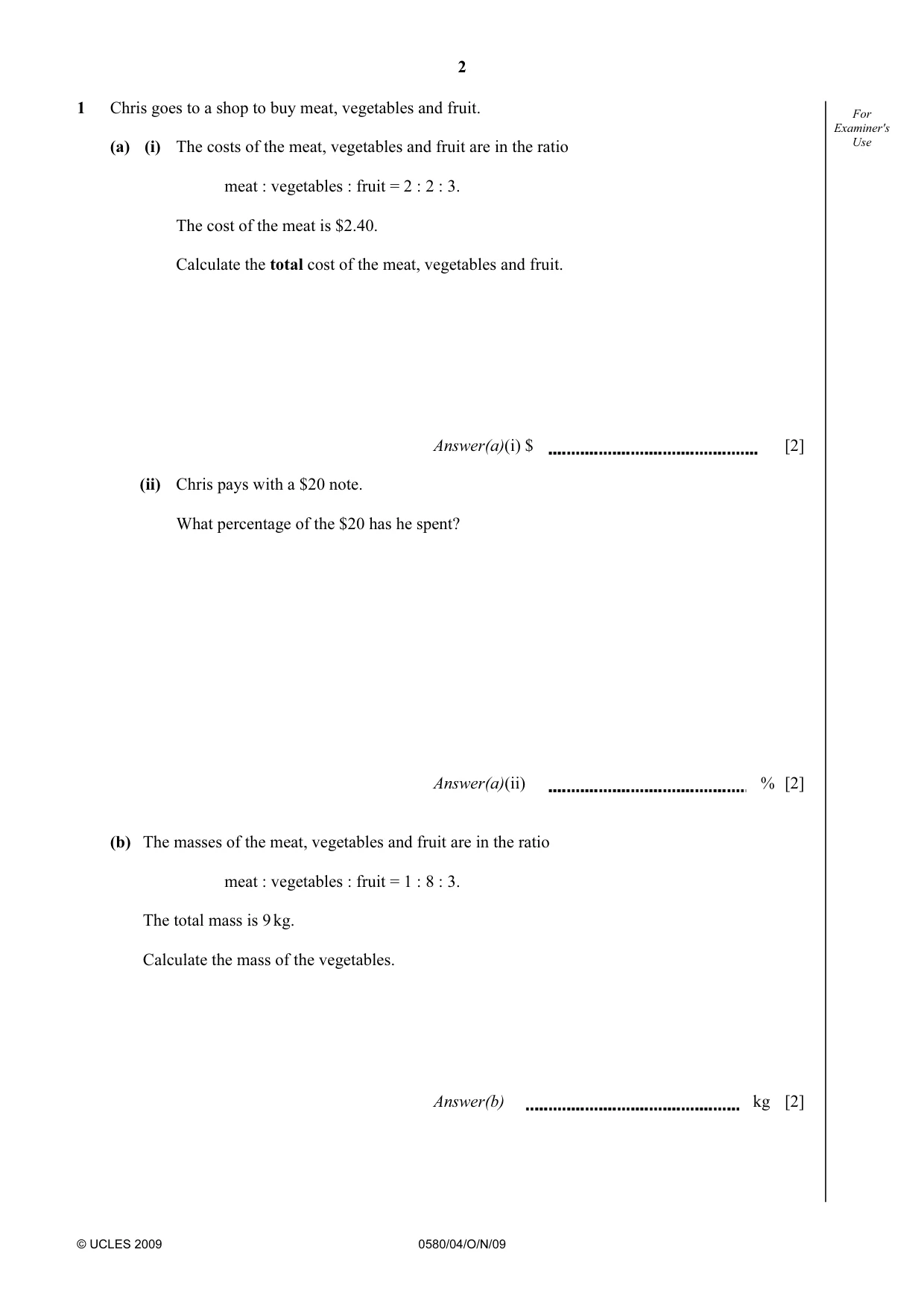 Cambridge IGCSE Mathematics 0580 2009 Oct/Nov Paper 4 · Variant 1 question paper, page 2 of 24