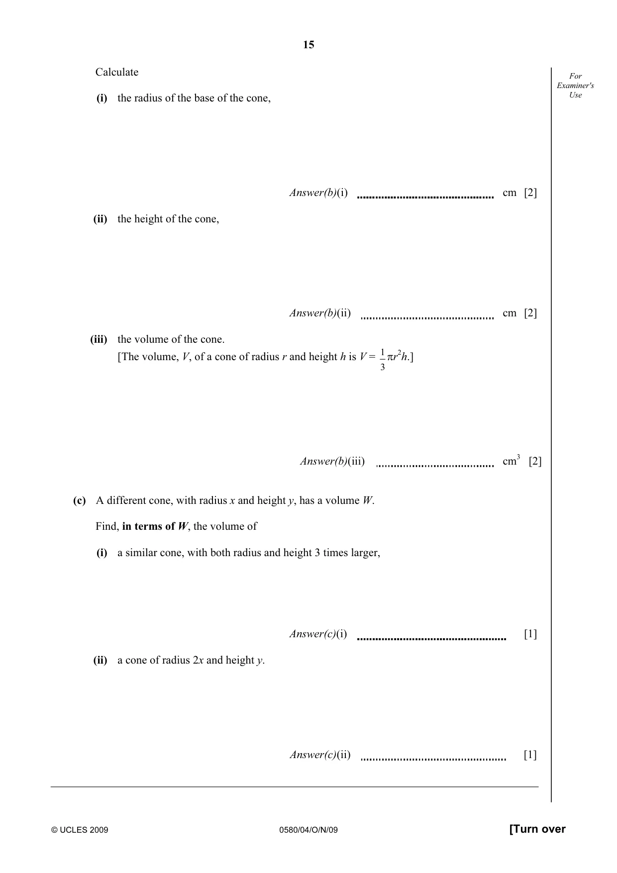 Cambridge IGCSE Mathematics 0580 2009 Oct/Nov Paper 4 · Variant 1 question paper, page 15 of 24
