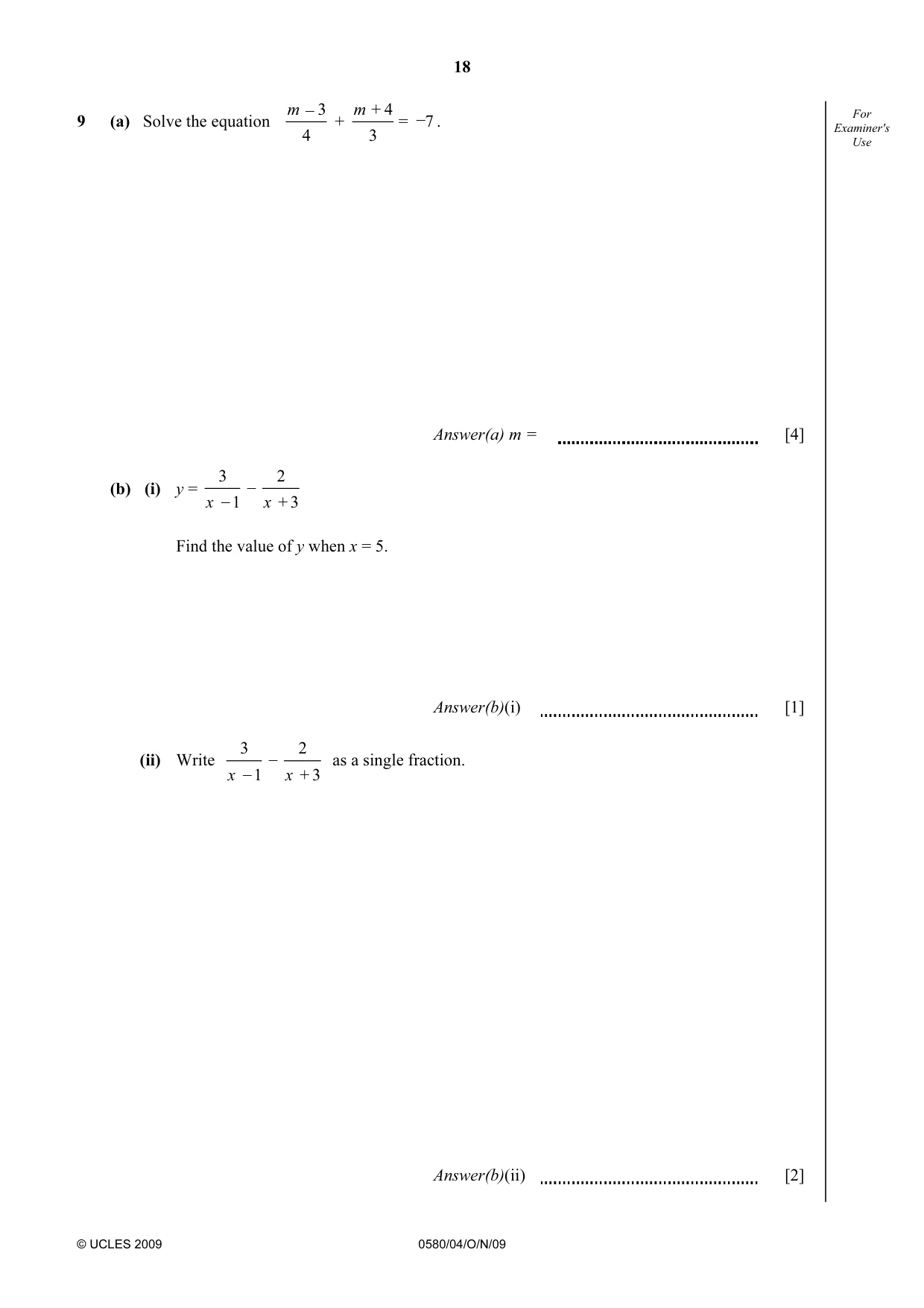 Cambridge IGCSE Mathematics 0580 2009 Oct/Nov Paper 4 · Variant 1 question paper, page 18 of 24