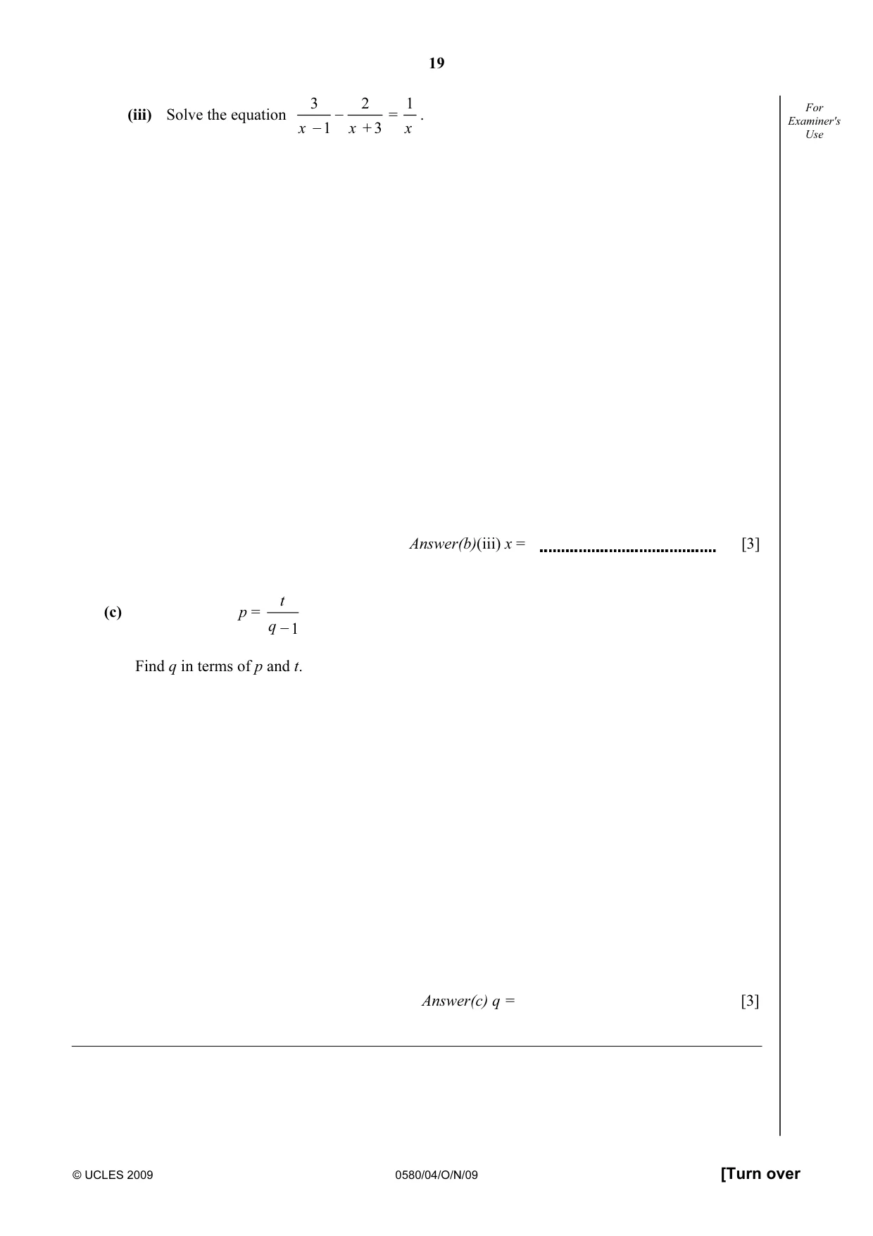 Cambridge IGCSE Mathematics 0580 2009 Oct/Nov Paper 4 · Variant 1 question paper, page 19 of 24