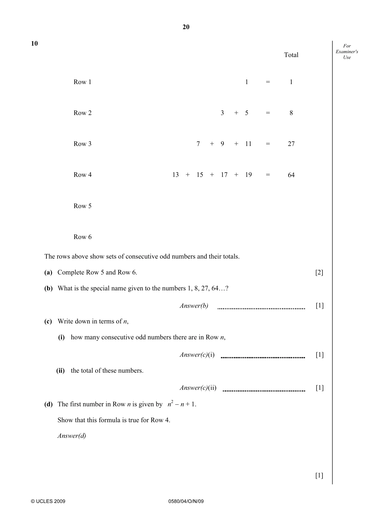 Cambridge IGCSE Mathematics 0580 2009 Oct/Nov Paper 4 · Variant 1 question paper, page 20 of 24