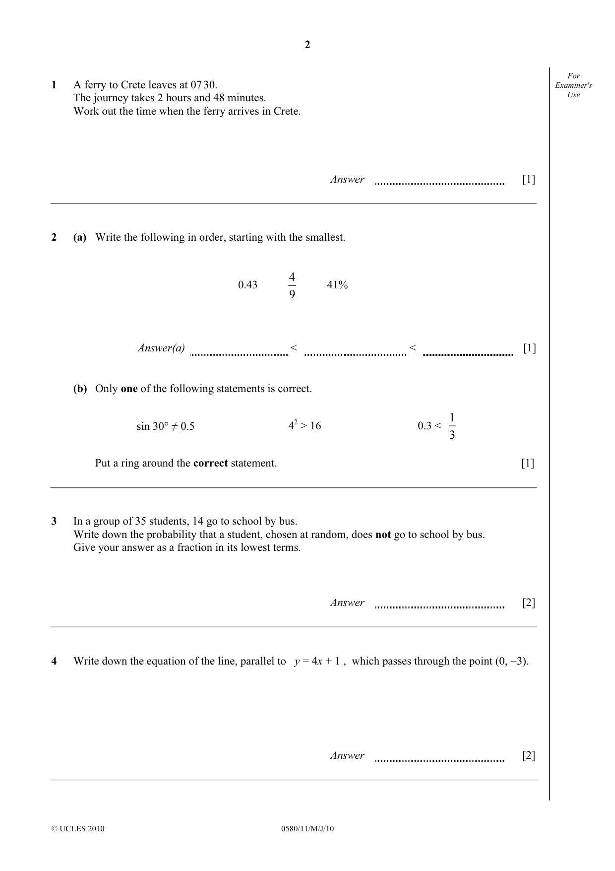 Cambridge IGCSE Mathematics 0580 2010 May/June Paper 1 · Variant 1 question paper, page 2 of 8