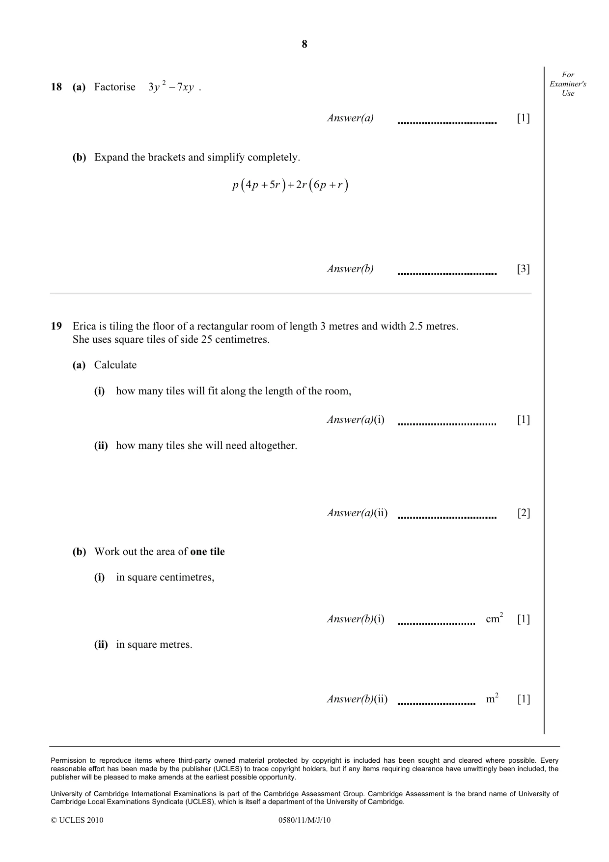 Cambridge IGCSE Mathematics 0580 2010 May/June Paper 1 · Variant 1 question paper, page 8 of 8