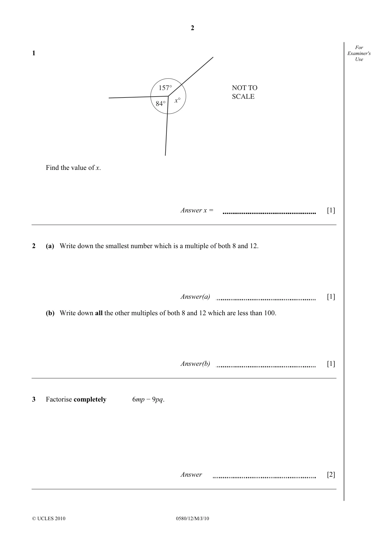 Cambridge IGCSE Mathematics 0580 2010 May/June Paper 1 · Variant 2 question paper, page 2 of 12