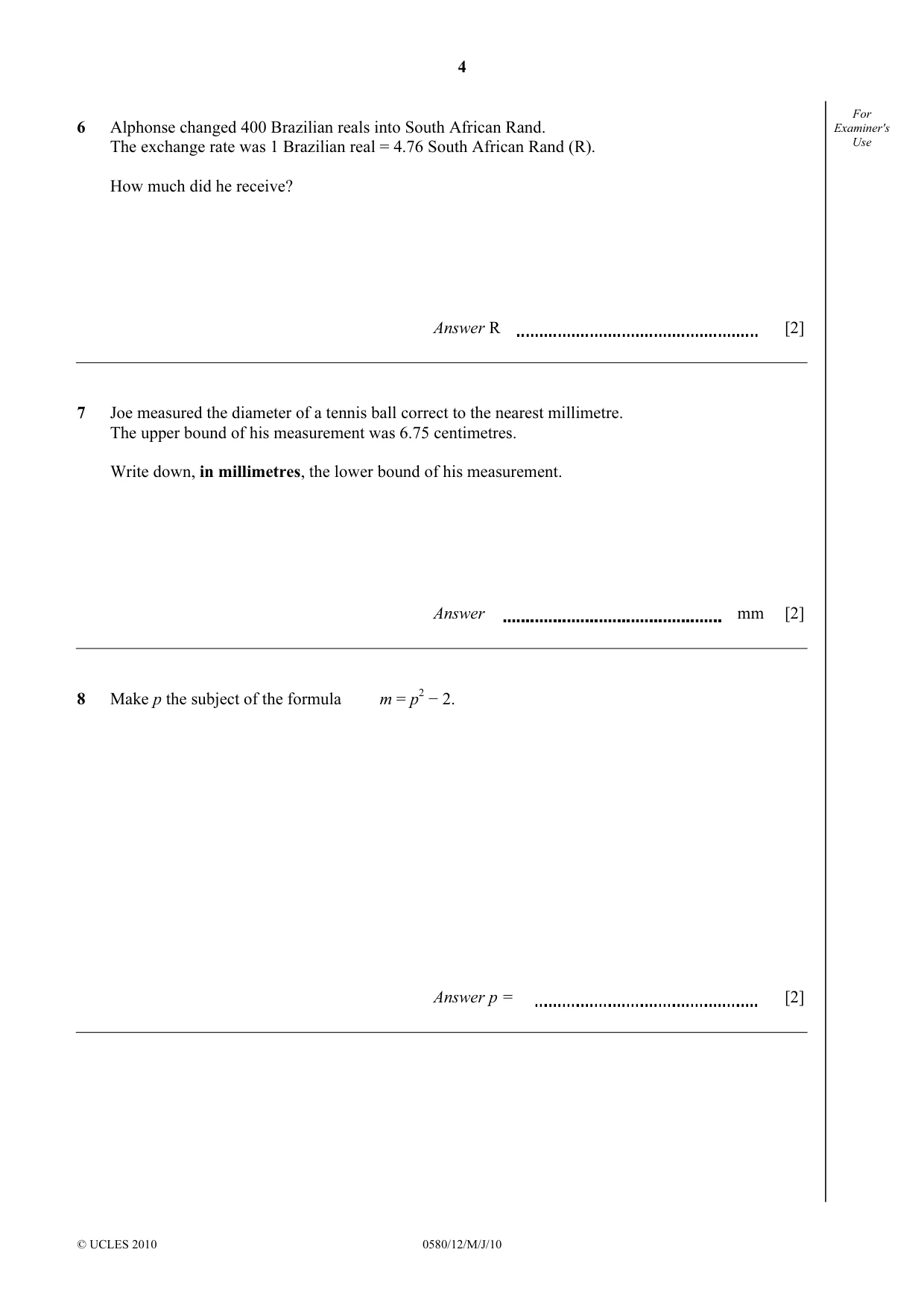 Cambridge IGCSE Mathematics 0580 2010 May/June Paper 1 · Variant 2 question paper, page 4 of 12