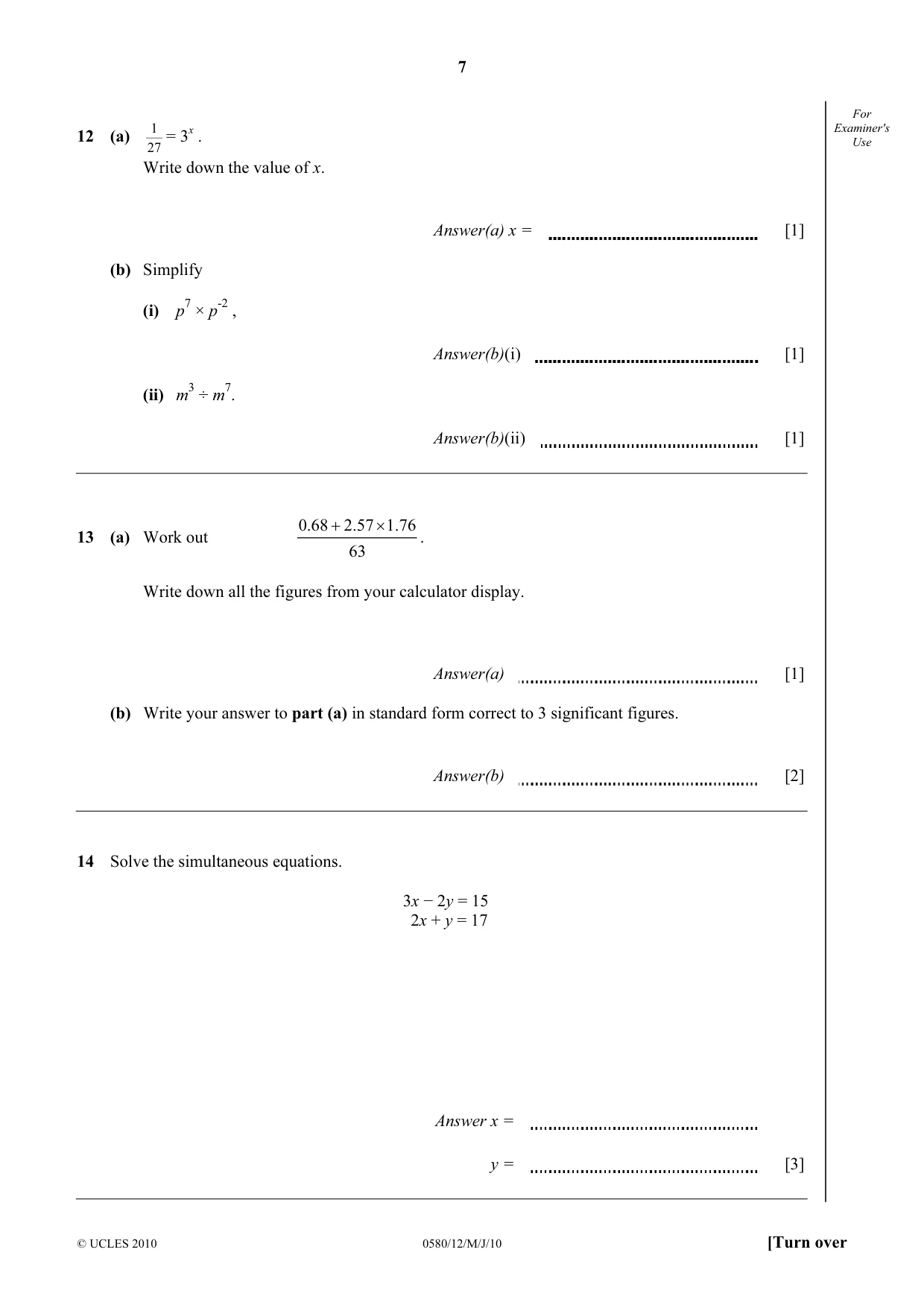 Cambridge IGCSE Mathematics 0580 2010 May/June Paper 1 · Variant 2 question paper, page 7 of 12
