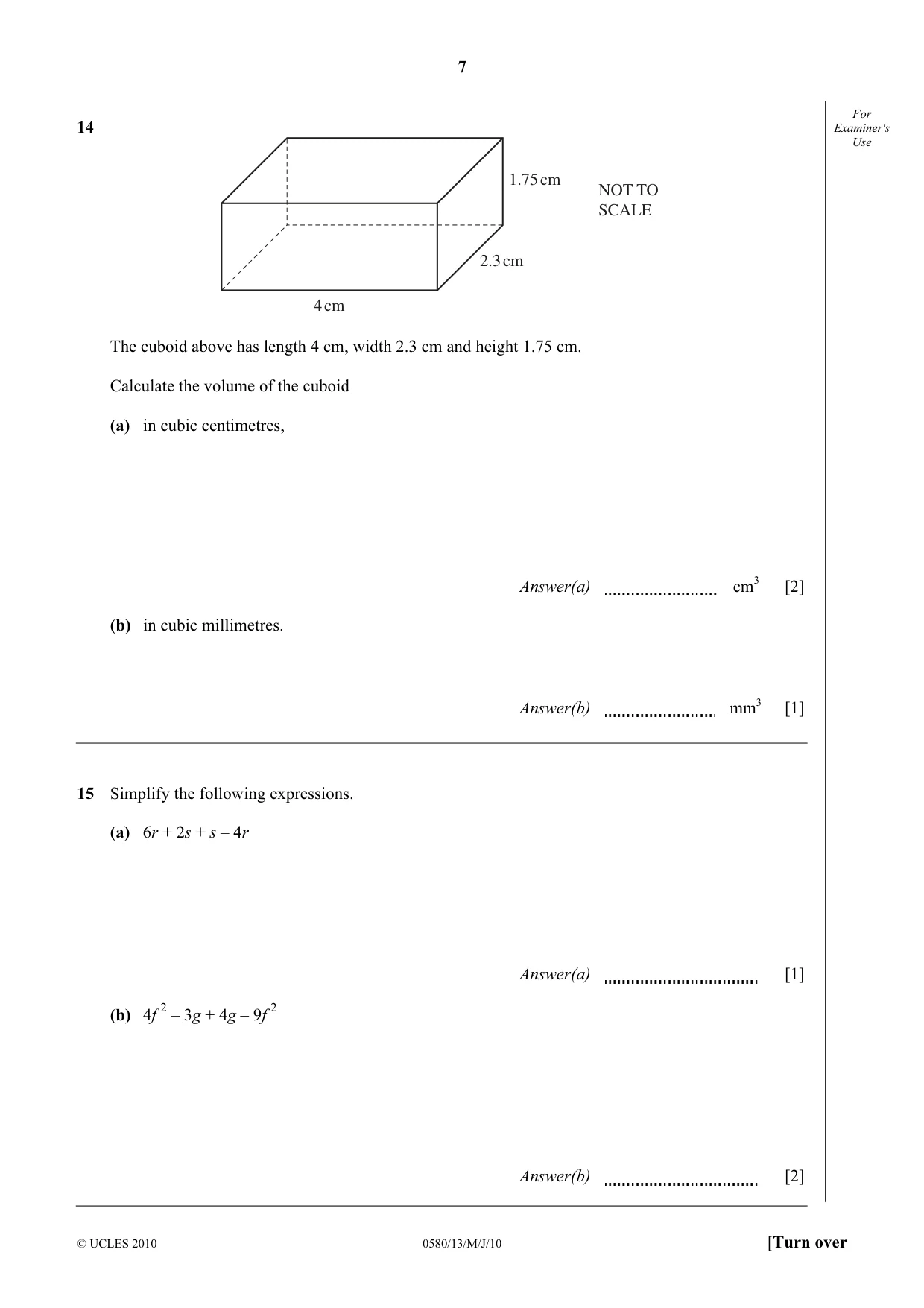 Cambridge IGCSE Mathematics 0580 2010 May/June Paper 1 · Variant 3 question paper, page 7 of 12
