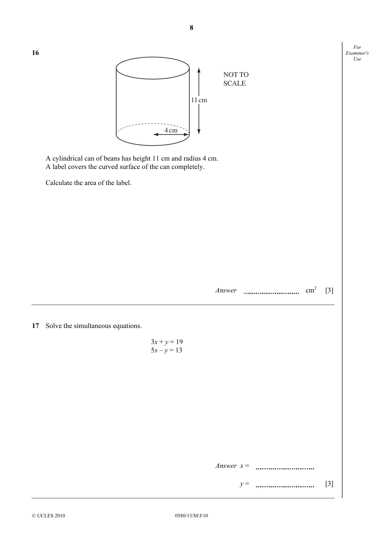 Cambridge IGCSE Mathematics 0580 2010 May/June Paper 1 · Variant 3 question paper, page 8 of 12