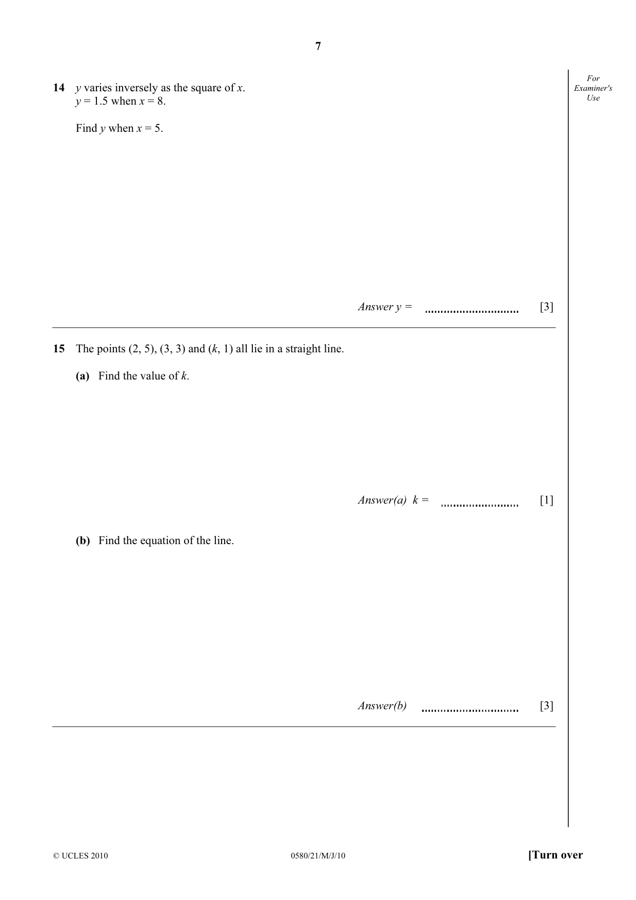 Cambridge IGCSE Mathematics 0580 2010 May/June Paper 2 · Variant 1 question paper, page 7 of 12
