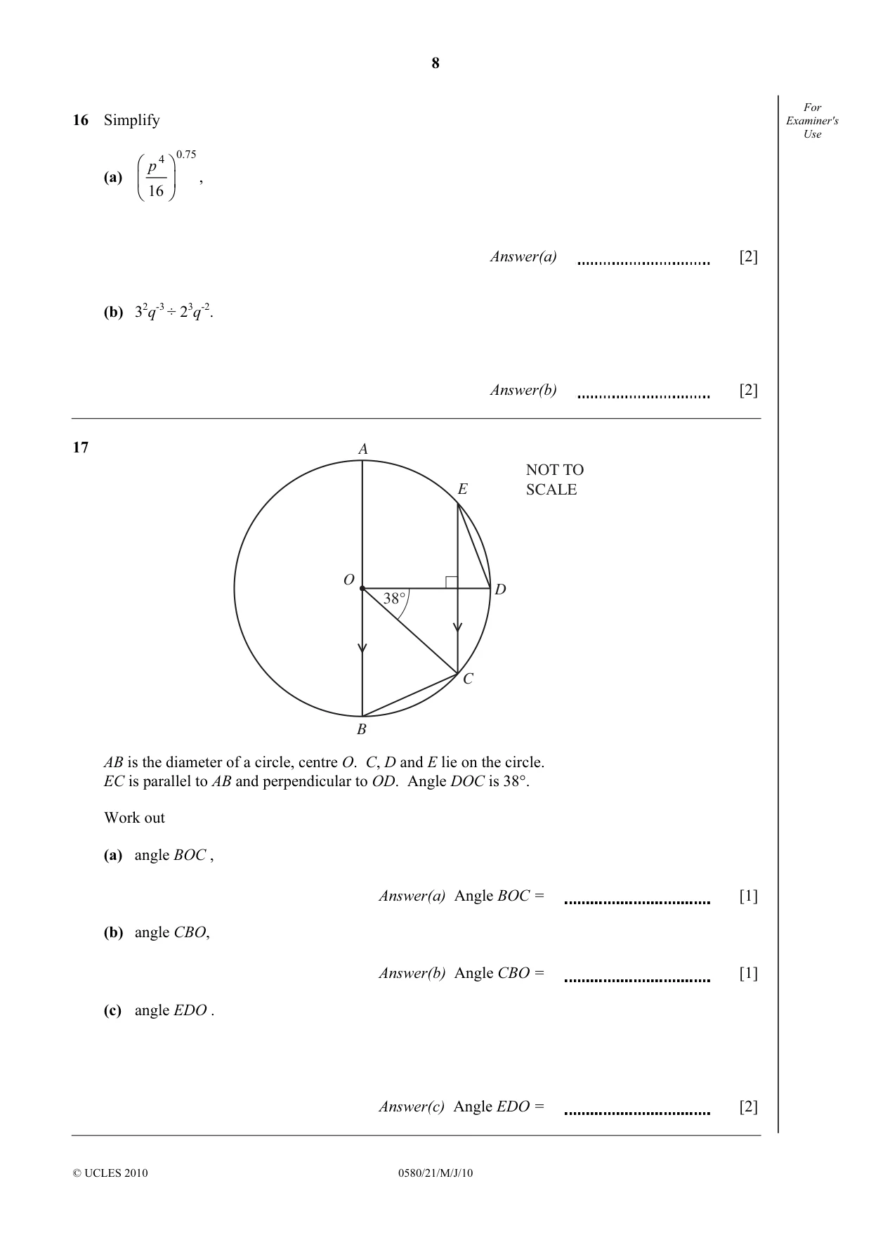Cambridge IGCSE Mathematics 0580 2010 May/June Paper 2 · Variant 1 question paper, page 8 of 12