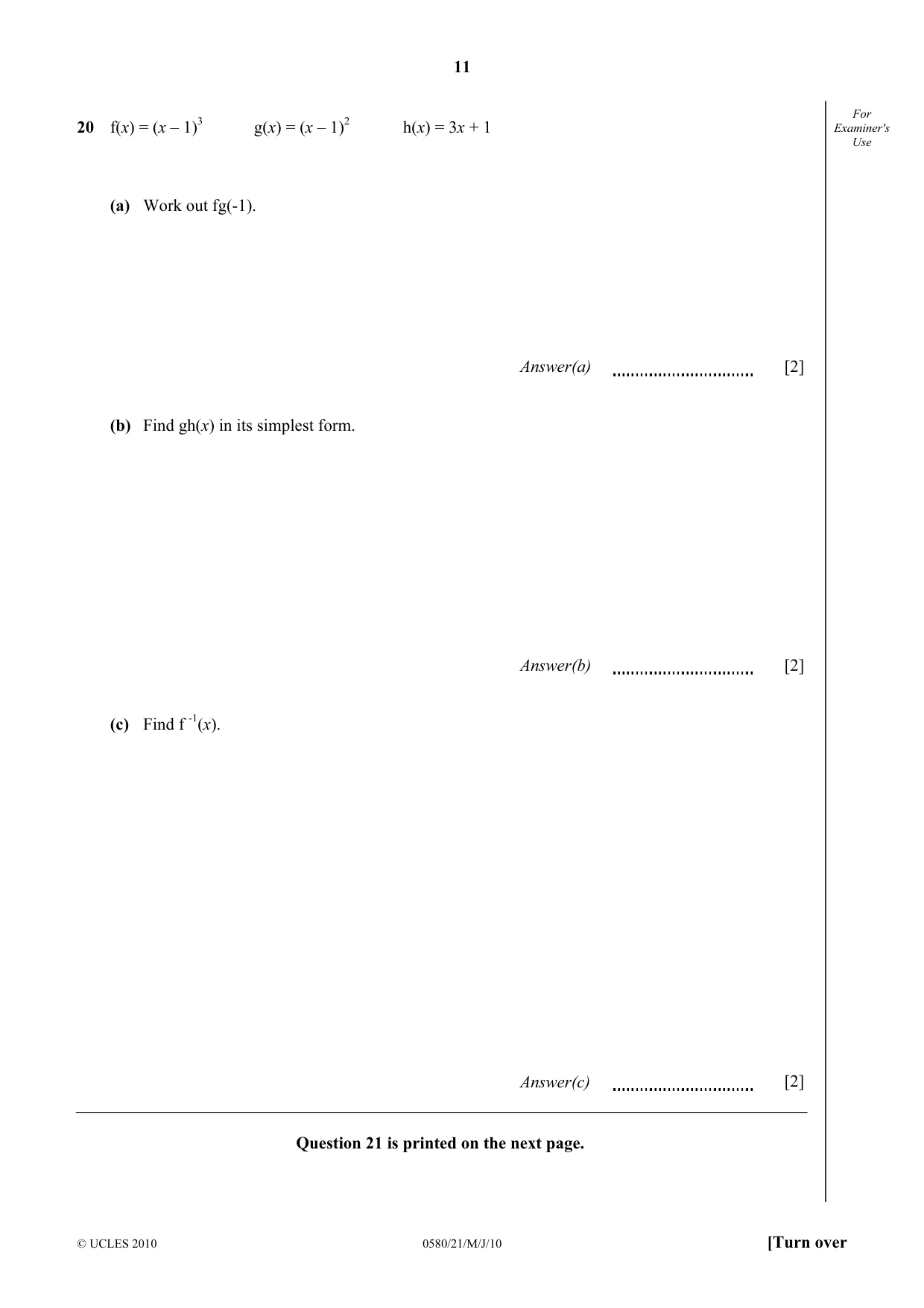 Cambridge IGCSE Mathematics 0580 2010 May/June Paper 2 · Variant 1 question paper, page 11 of 12
