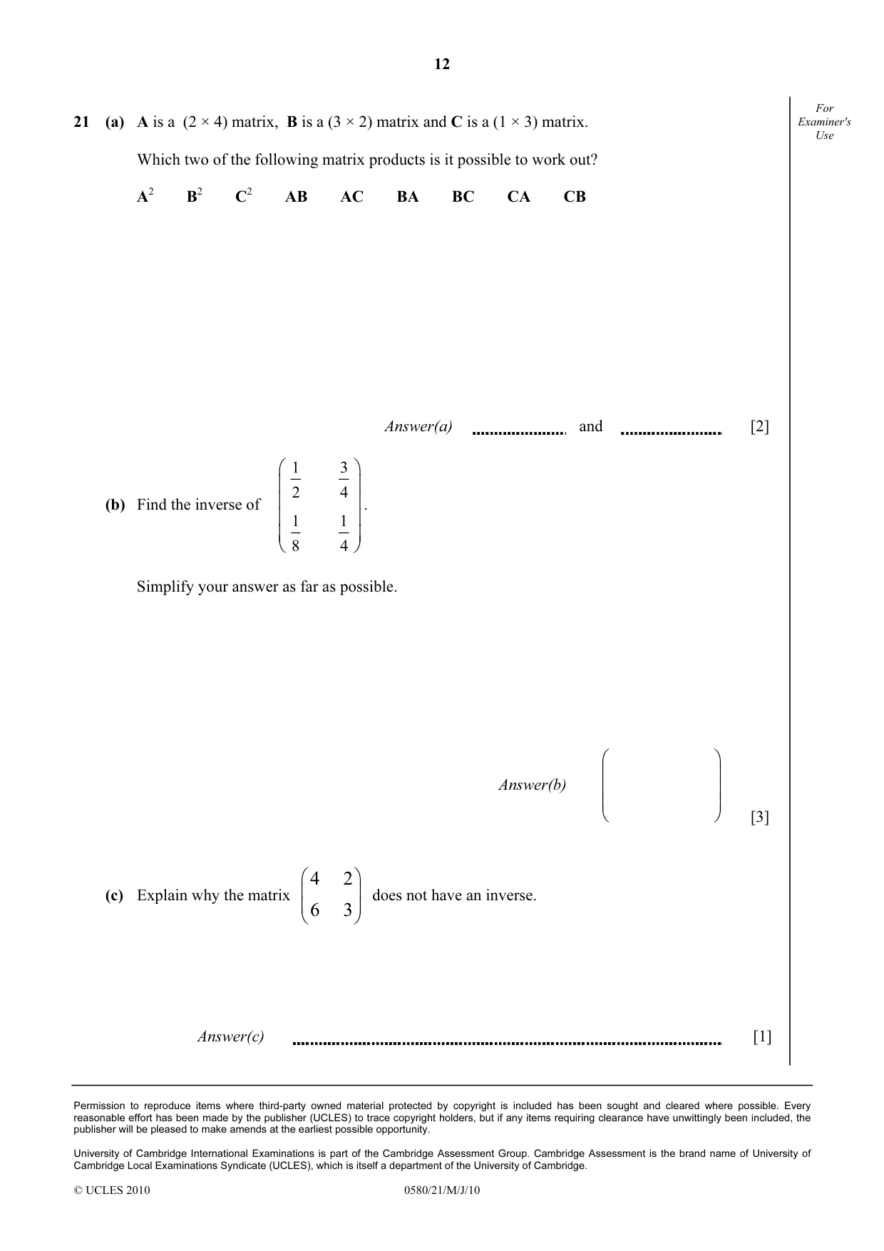Cambridge IGCSE Mathematics 0580 2010 May/June Paper 2 · Variant 1 question paper, page 12 of 12