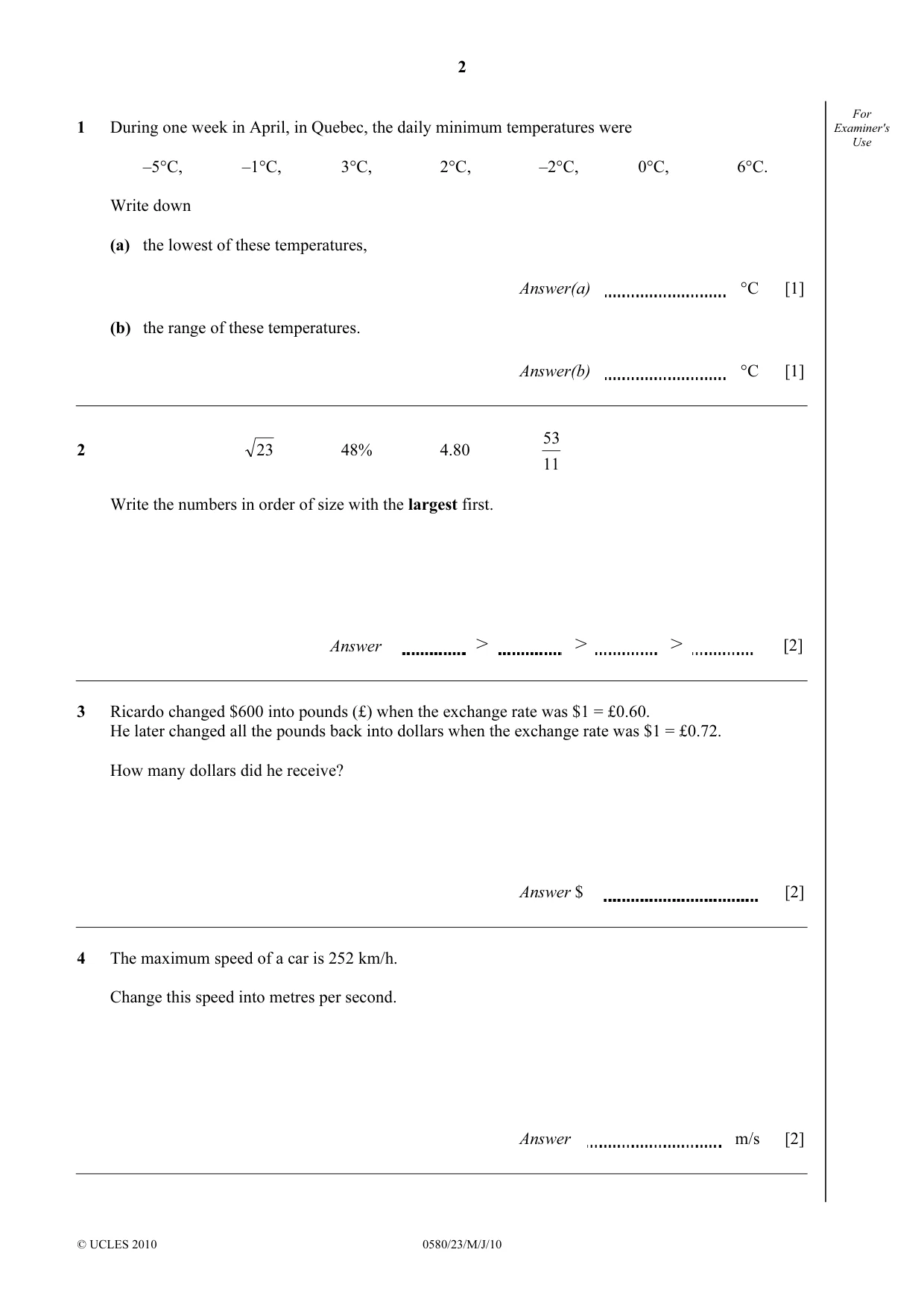 Cambridge IGCSE Mathematics 0580 2010 May/June Paper 2 · Variant 3 question paper, page 2 of 12