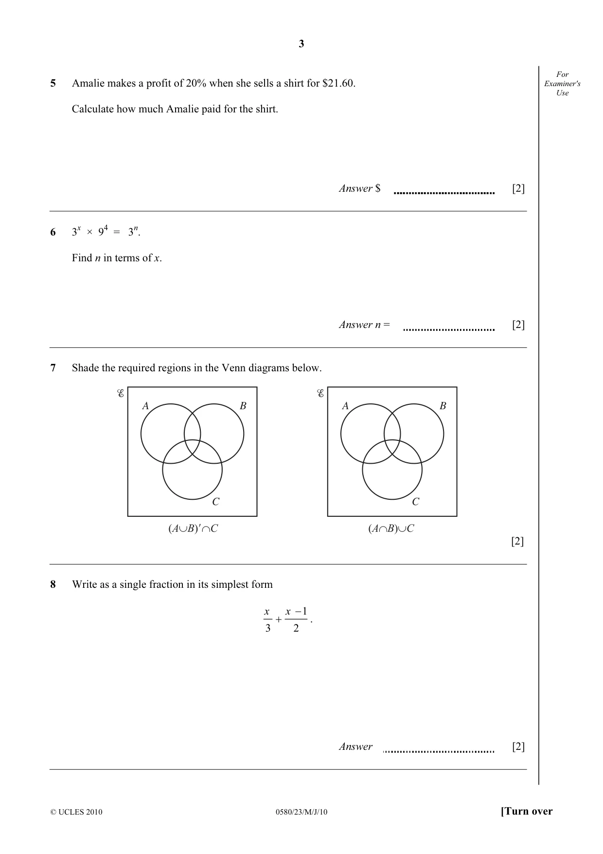 Cambridge IGCSE Mathematics 0580 2010 May/June Paper 2 · Variant 3 question paper, page 3 of 12