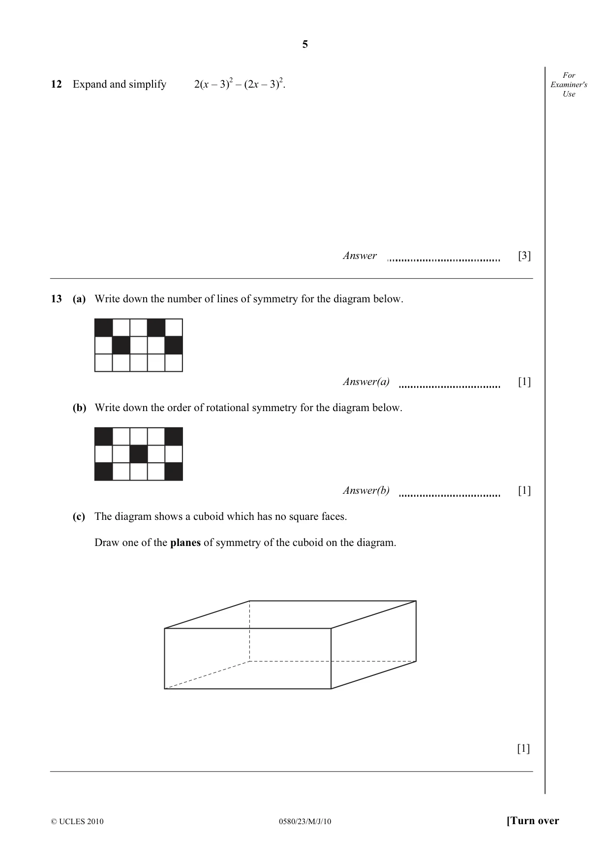 Cambridge IGCSE Mathematics 0580 2010 May/June Paper 2 · Variant 3 question paper, page 5 of 12