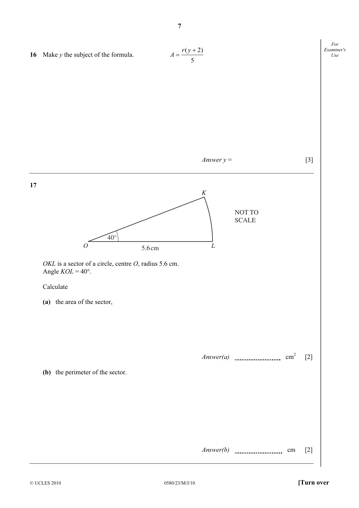 Cambridge IGCSE Mathematics 0580 2010 May/June Paper 2 · Variant 3 question paper, page 7 of 12
