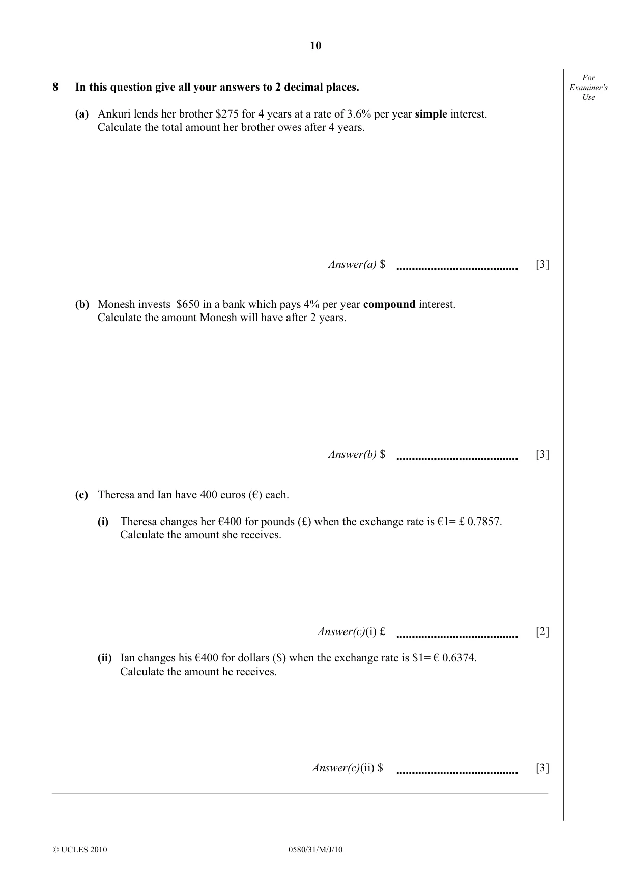 Cambridge IGCSE Mathematics 0580 2010 May/June Paper 3 · Variant 1 question paper, page 10 of 12
