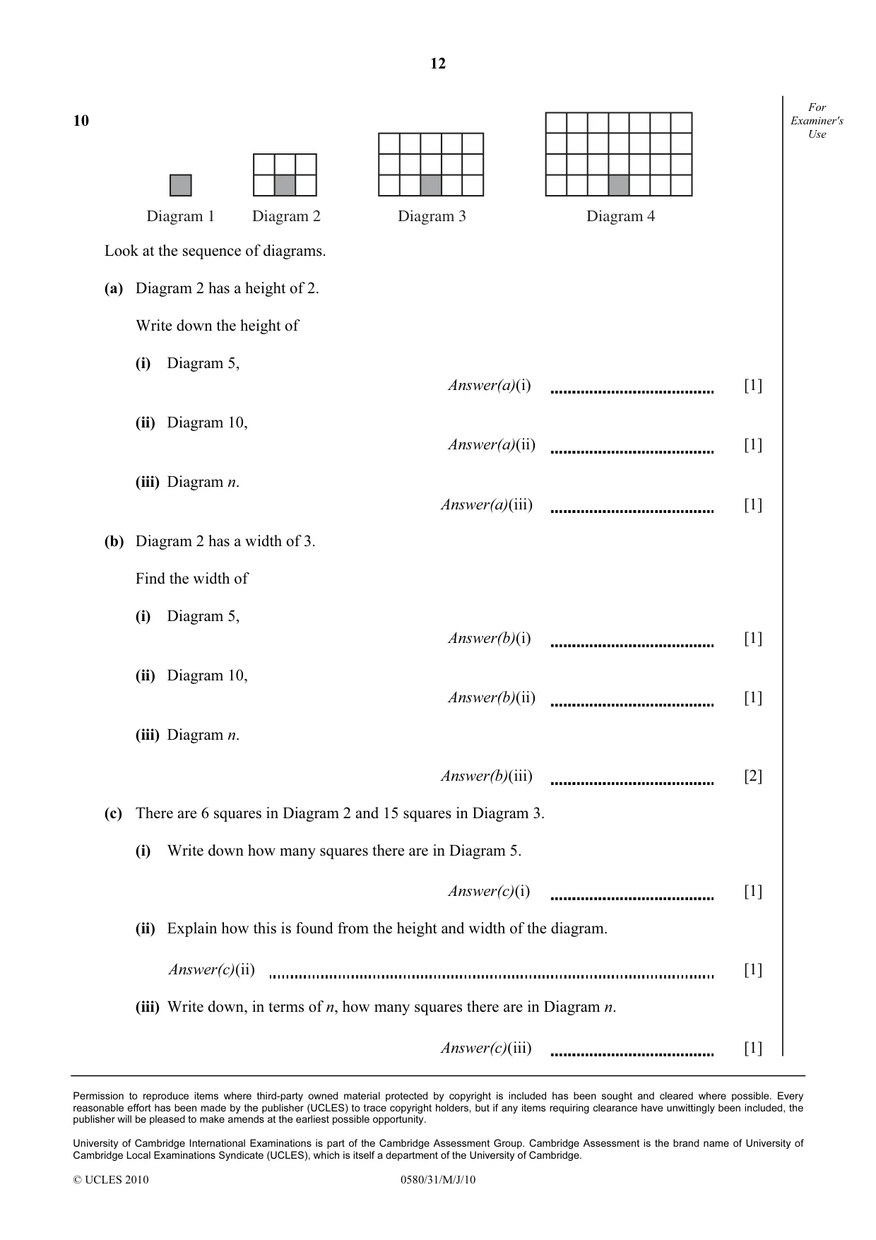 Cambridge IGCSE Mathematics 0580 2010 May/June Paper 3 · Variant 1 question paper, page 12 of 12